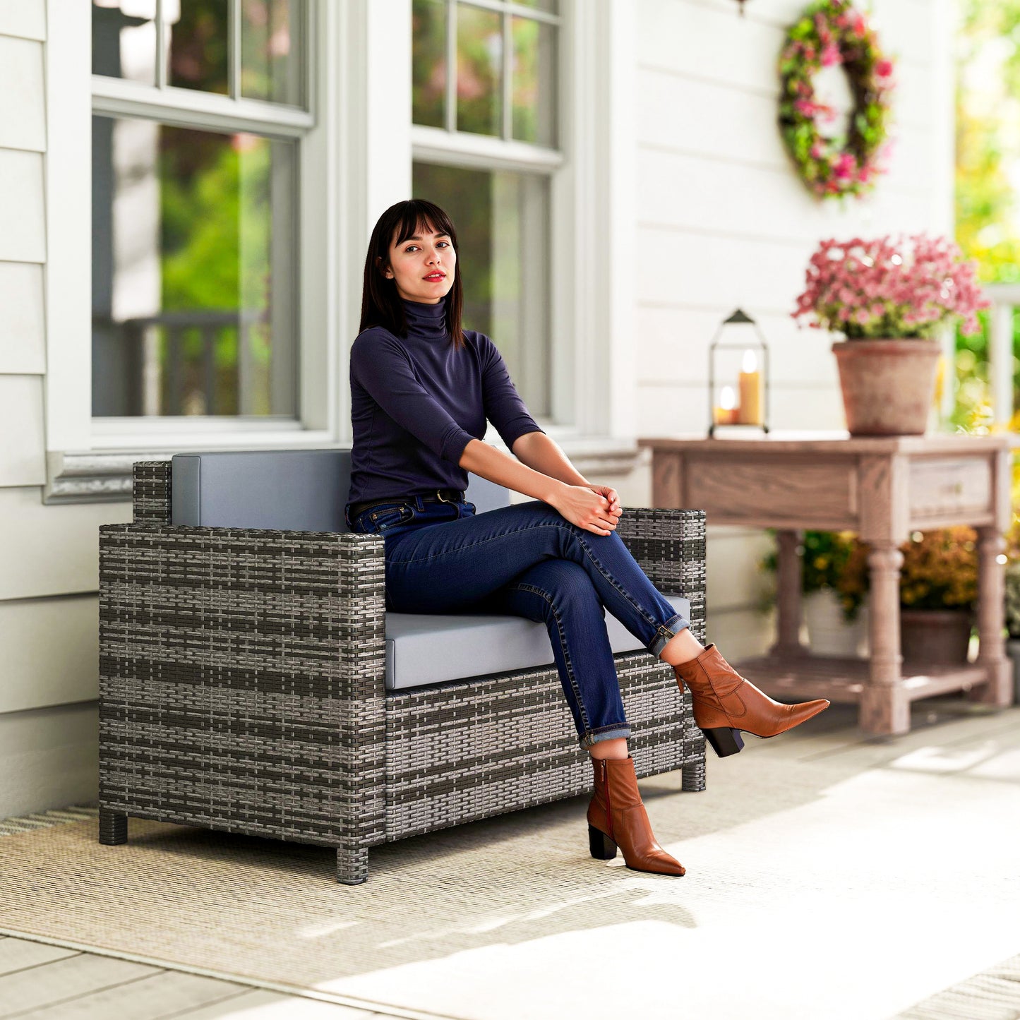 Outsunny Rattan Loveseat 2 Seater Garden Furniture With Cushions And Armrests Water Resistant Wicker Patio Grey Mix