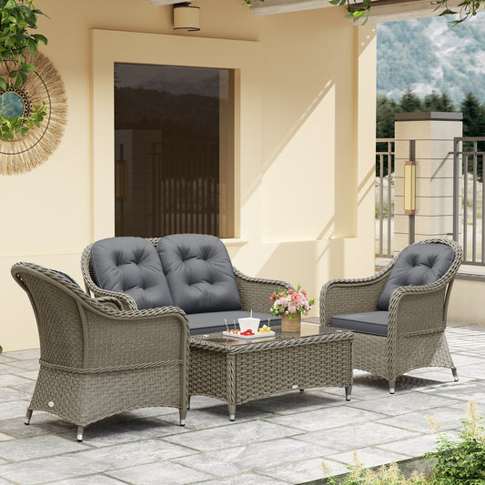 Outsunny Four Piece Rattan Sofa Set With Glass Top Table Aluminium Frame Outdoor Garden Furniture Light Grey