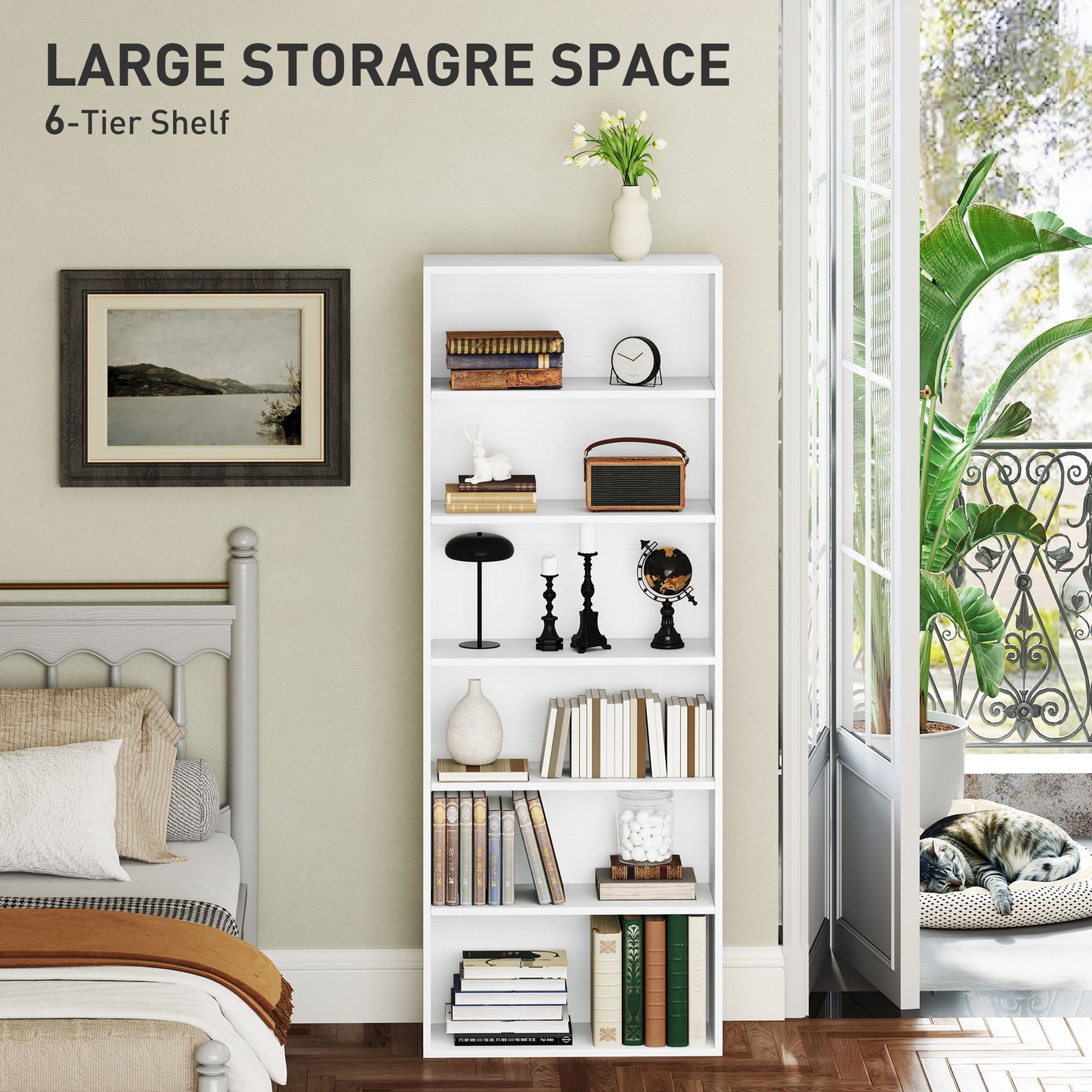 HOMCOM Six Shelf Bookcase White With Four Adjustable Shelves Melamine Finish For Living Room Storage