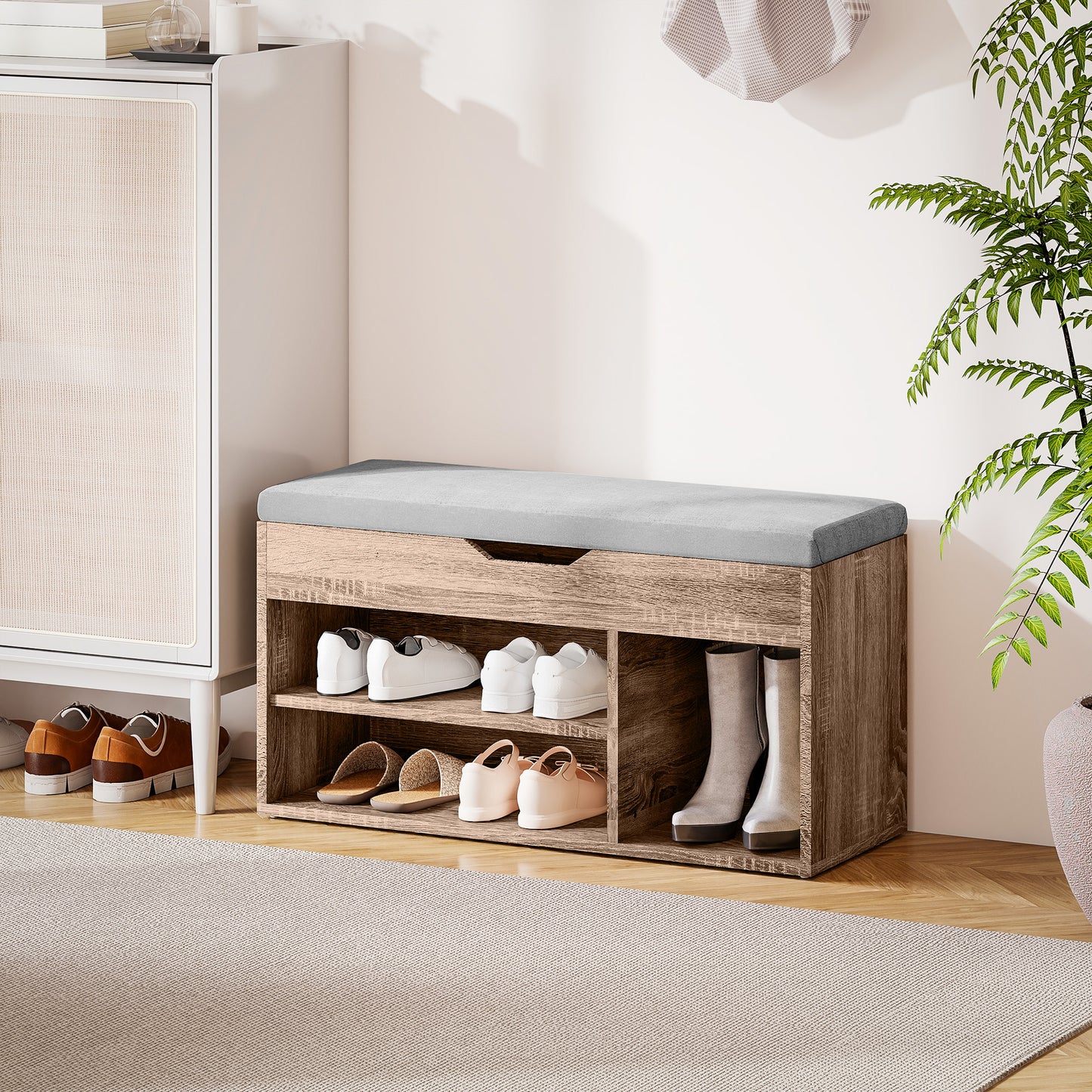 HOMCOM Shoes Cabinet Bench With Hidden Storage And Padded Seat In Grey Wood Grain Hallway Organizer