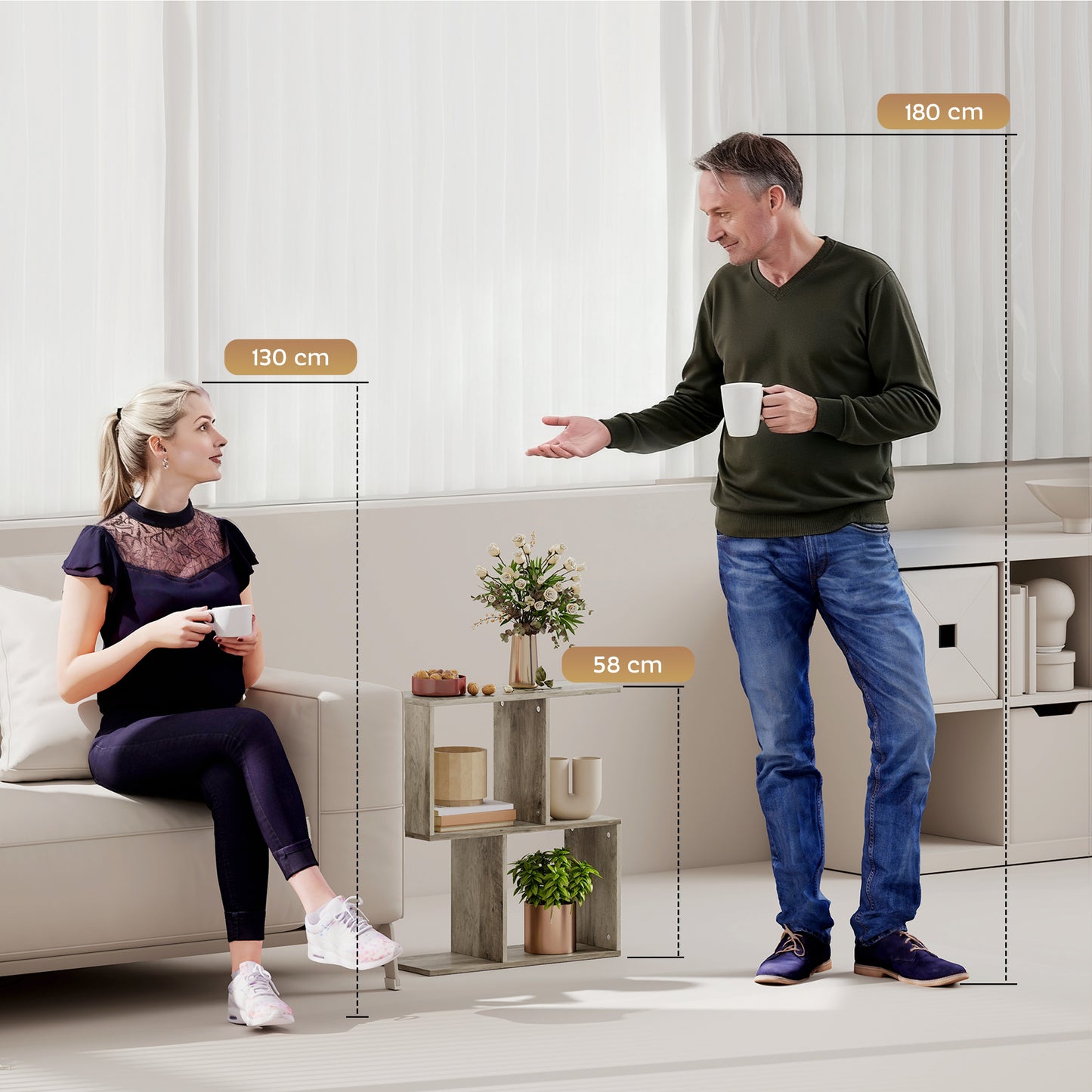 HOMCOM S Shaped Narrow Side Table 3 Tier With Storage Shelves Grey 50W x 19.5D x 58H cm