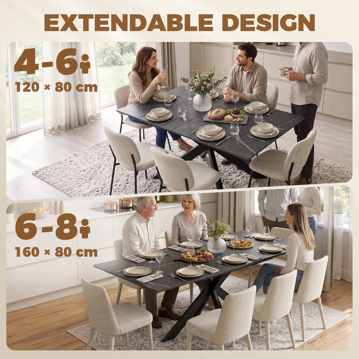 Extendable dining table with black marble-finish top and X-shaped legs