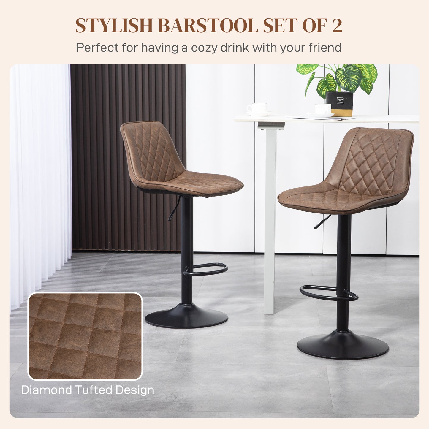 HOMCOM Bar Stools Set Of 2 Adjustable Swivel Bar Chairs With Back PU Leather Upholstery Footrest And Steel Base Brown