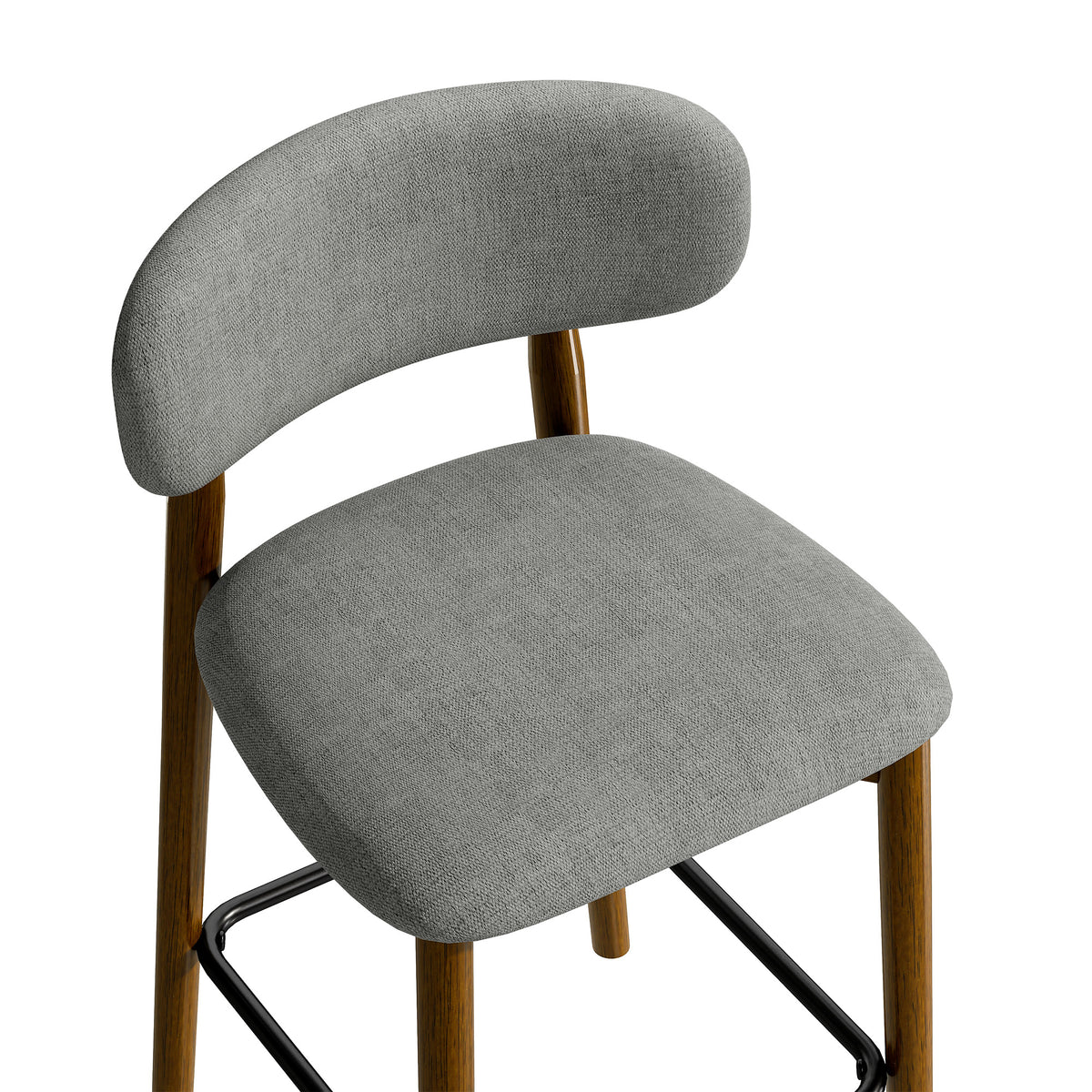 Grey upholstered bar stool with curved backrest, rounded seat, and dark footrest frame