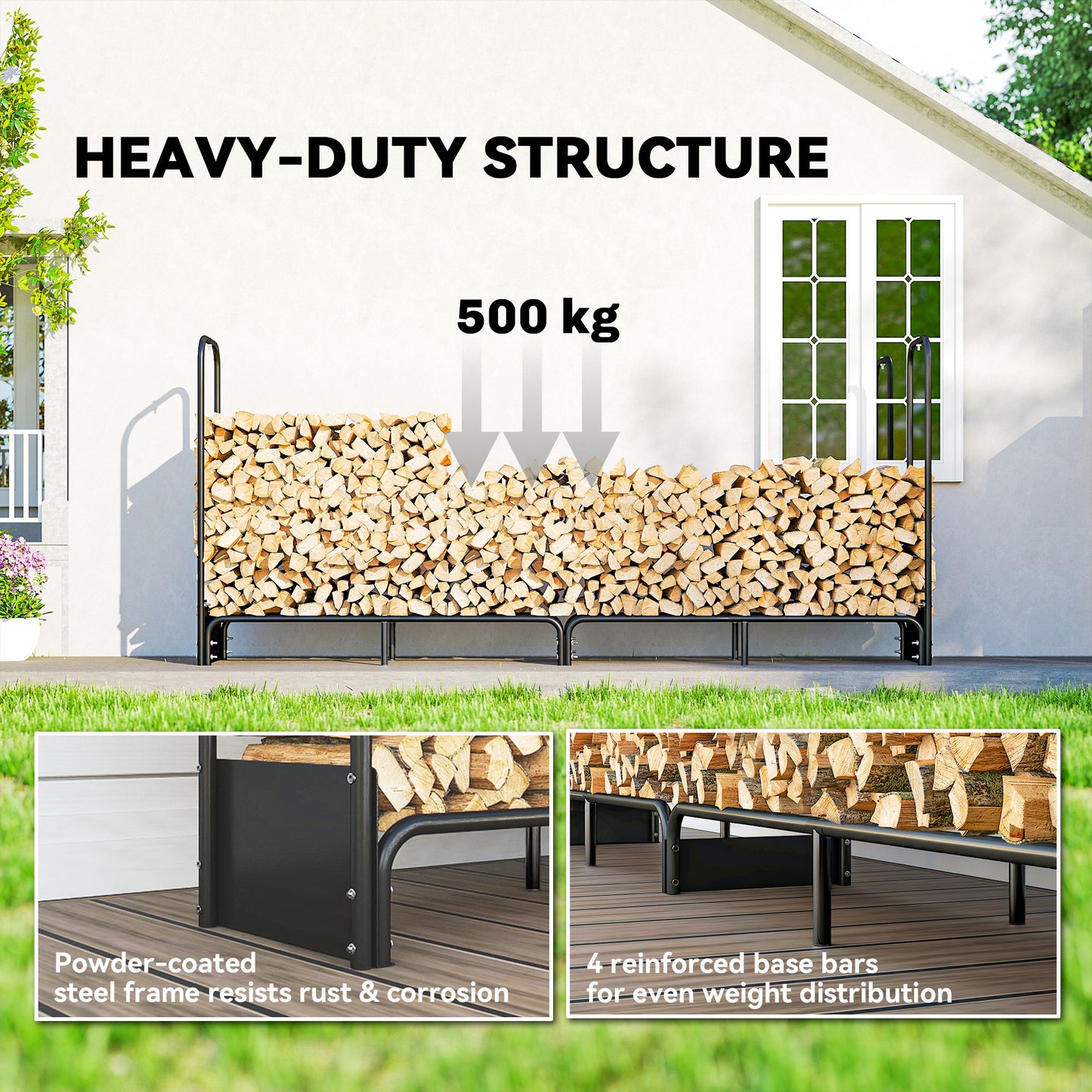 Outsunny EightPointFiveFoot Firewood Rack With Weatherproof 600D Cover Heavy Duty Log Storage For Fireplace Patio 500 Kg