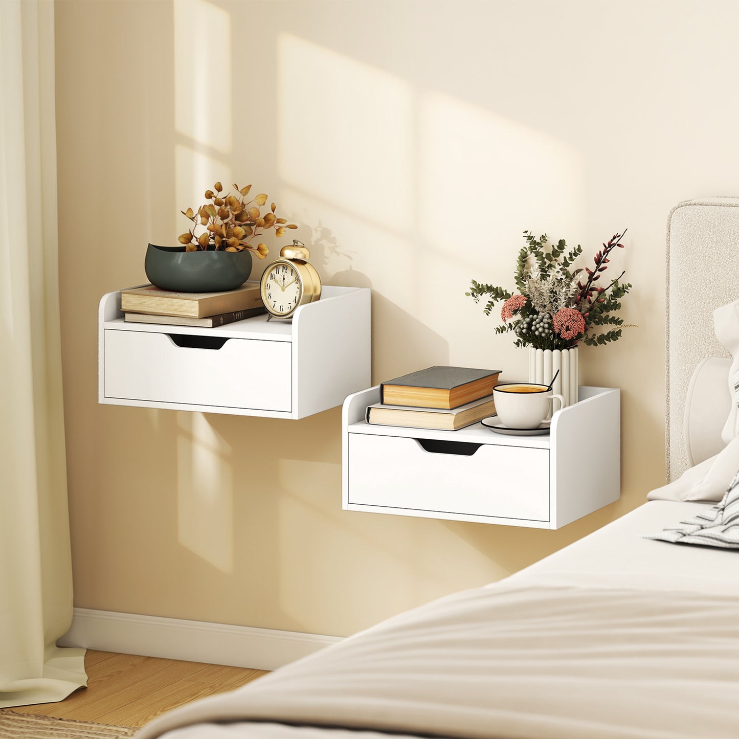 HOMCOM Floating Nightstands Set Of 2 Wall Mounted Bedside Tables With Drawer And Shelf White