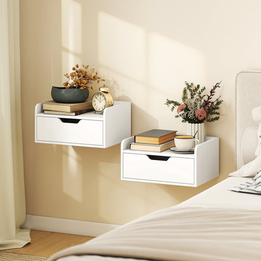 HOMCOM Floating Nightstands Set Of 2 Wall Mounted Bedside Tables With Drawer And Shelf White