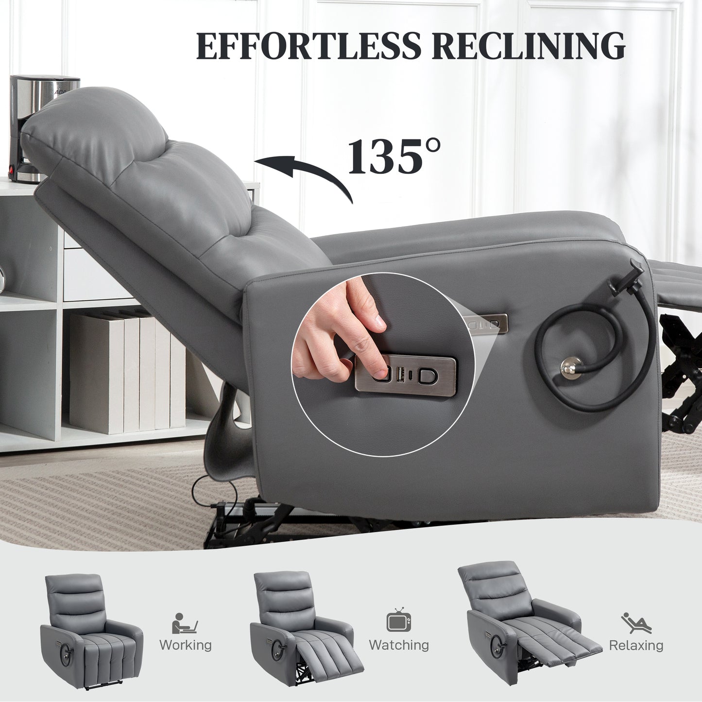 HOMCOM Electric Recliner With USB And Type C Ports, Phone Holder, PU Leather, Adjustable Leg Rest, Grey For Living Room