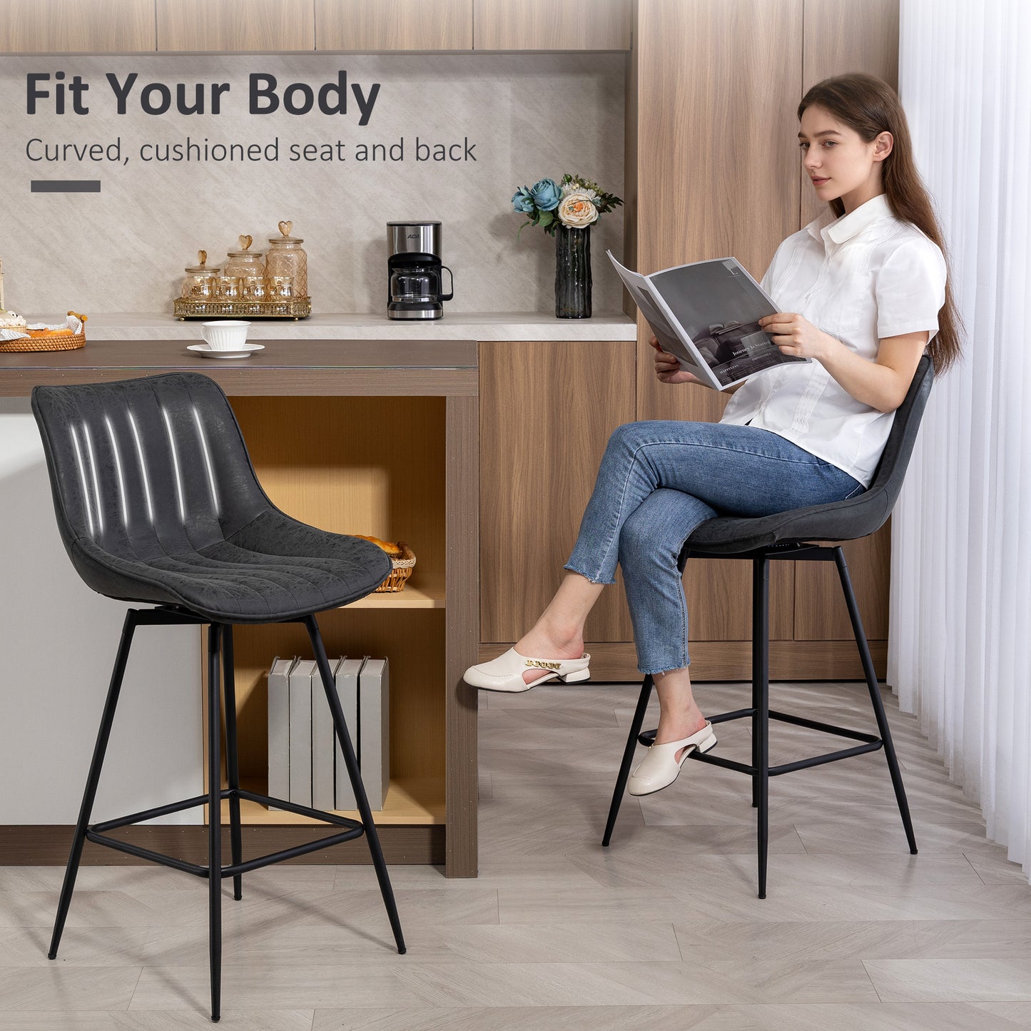 HOMCOM Set of 2 PU Leather Swivel Bar Stools Black 360 Degree Swivel Modern Pub Chairs