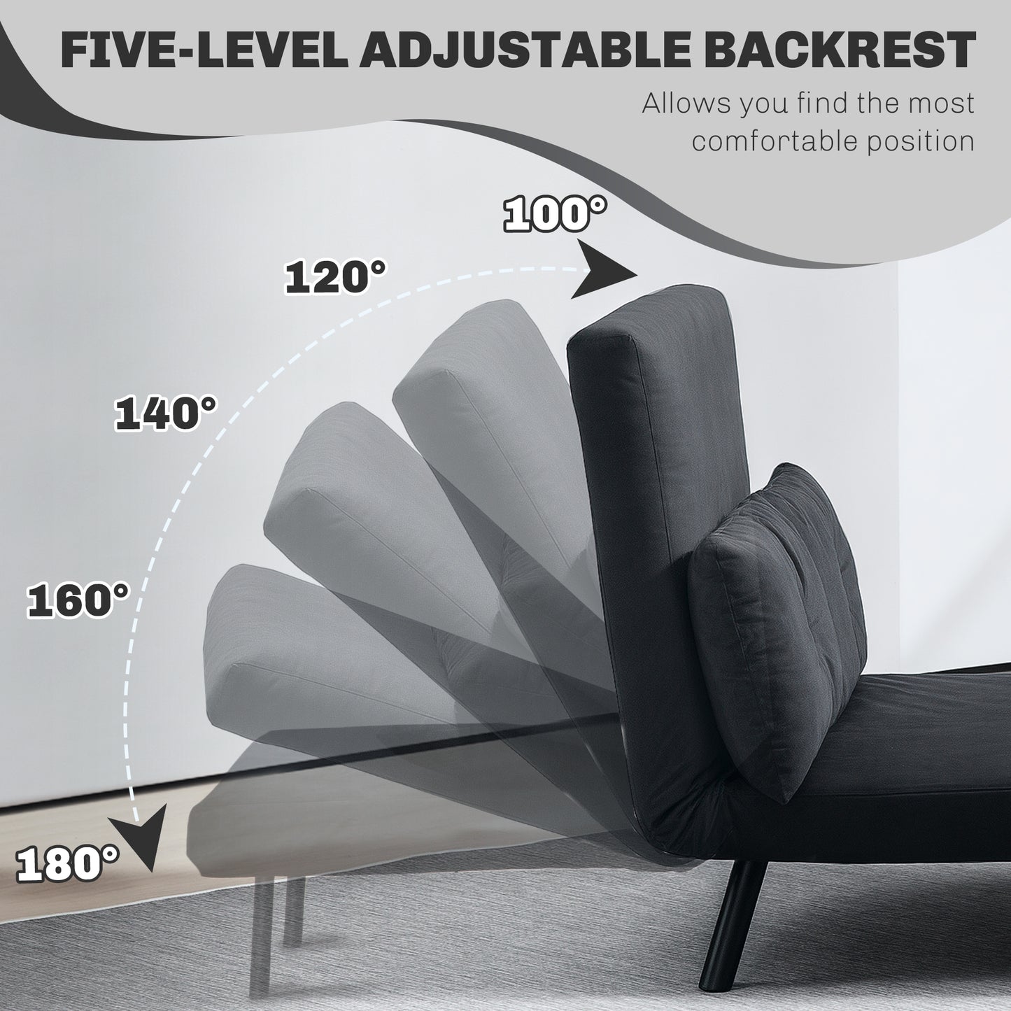 HOMCOM 4-In-1 Velvet-Feel Double Sofa Bed With Pillows Black Steel Frame Five-Position Backrest Cushioned For Comfort