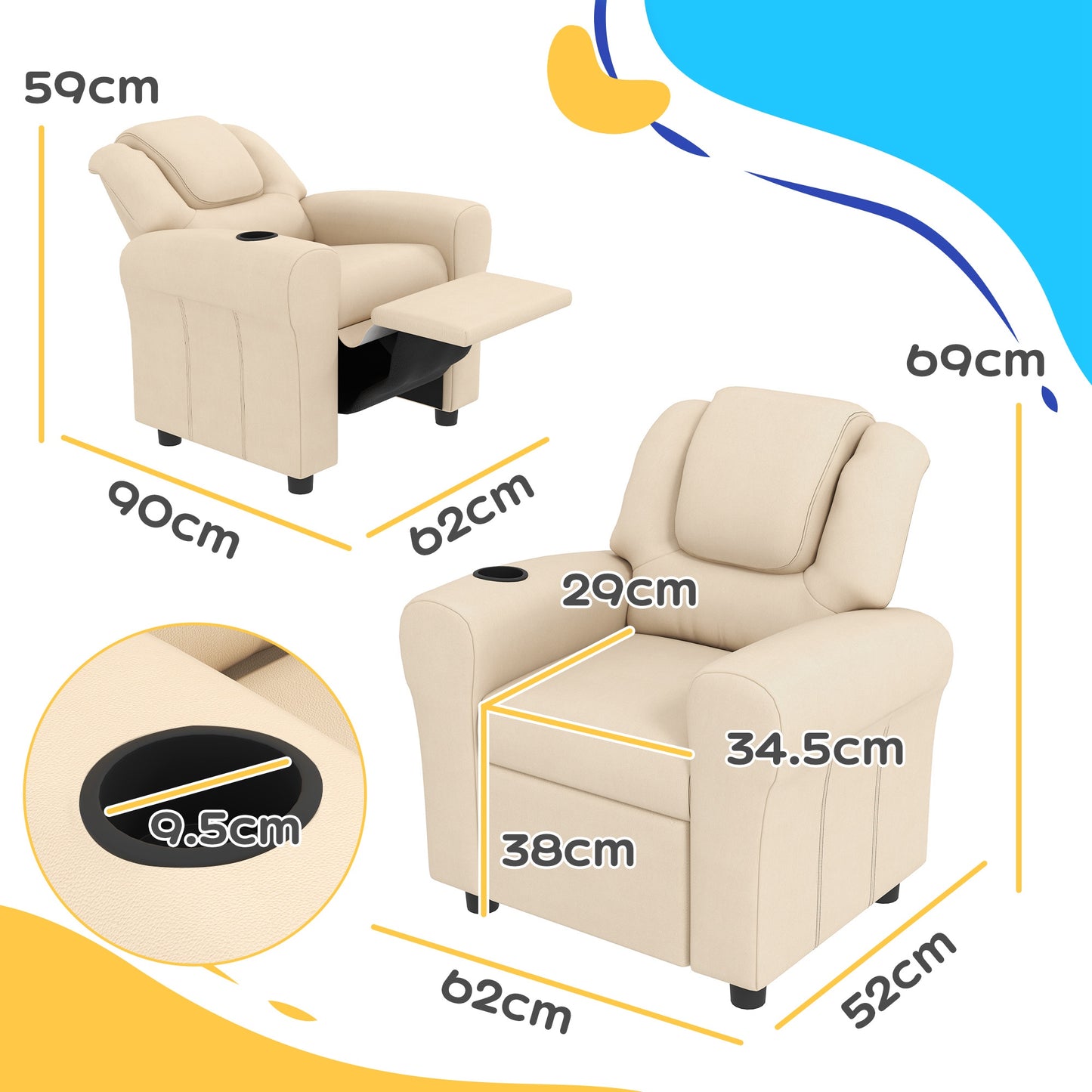 HOMCOM Kids Recliner Chair PU Leather With Adjustable Backrest And Footrest Padded Headrest Pink