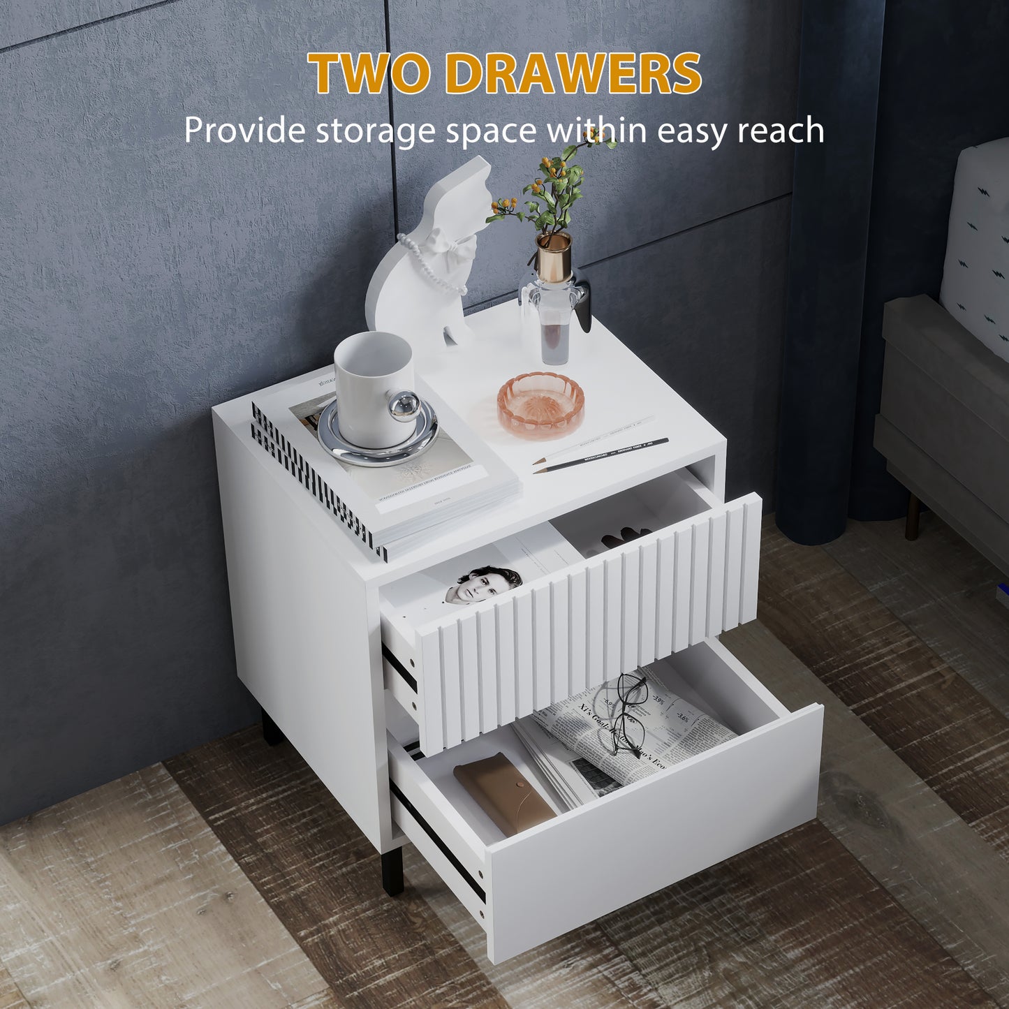 HOMCOM Two Drawer Bedside Tables Set of 2 White Indented Top Drawer Modern Nightstands