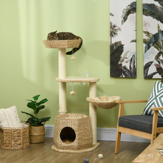 PawHut Cat Tree Activity Centre with Cattail Fluff Bed House Sisal Post Ball - ALL4U RETAILER LTD