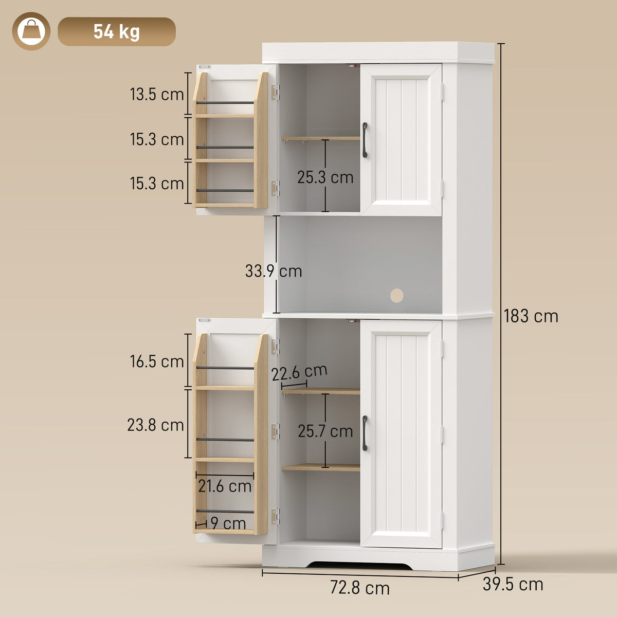 White tall cabinet layout view with door sections and internal shelving dimensions