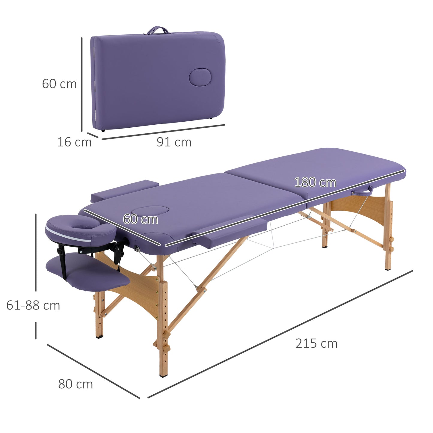 HOMCOM Adjustable Folding Massage Table with Carry Bag, 2-Section Spa Bed, Wooden Frame, Purple - ALL4U RETAILER LTD