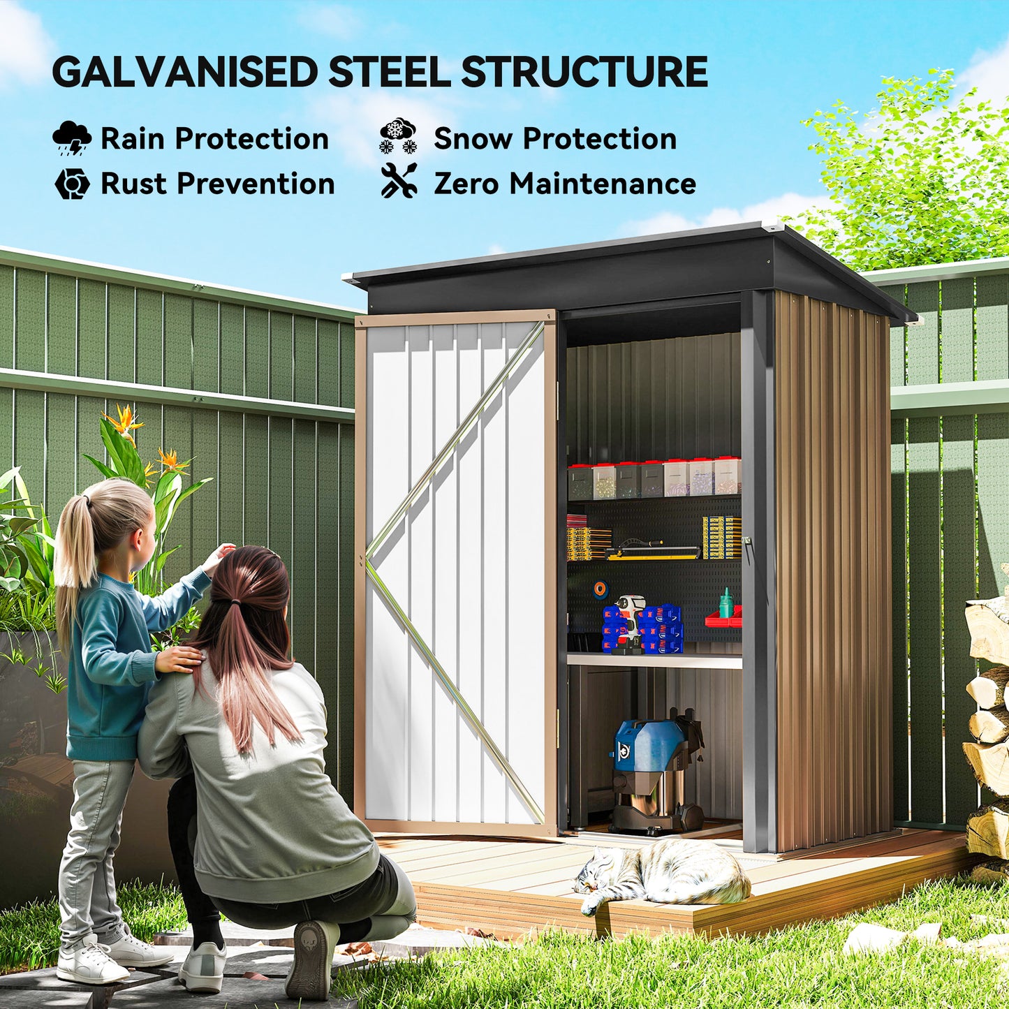 Outsunny 5x3ft Corrugated Steel Storage Shed With Locking Door For Outdoor Garden Use Brown
