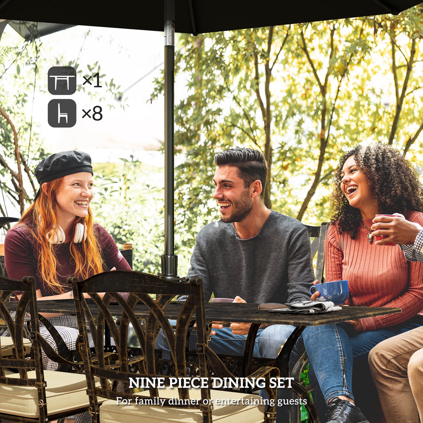 Outsunny Nine-Piece Cast Aluminium Garden Dining Set Bronze Tone With Floral And Grid Cut-Out Patterns