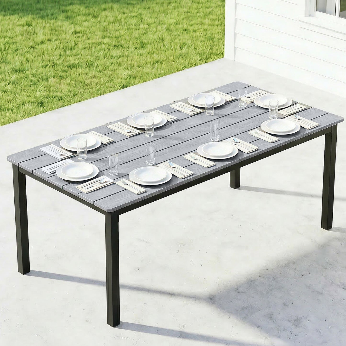 Outsunny 180 cm Rectangular Outdoor Garden Dining Table For 6 To 8 People With Wood Slatted Top Grey