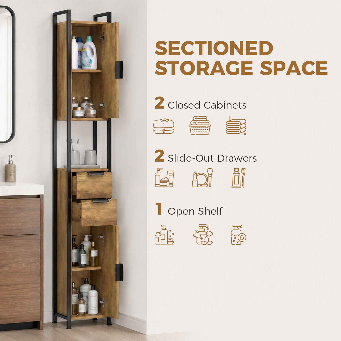 HOMCOM Tall Slim Freestanding Bathroom Cabinet With Drawers And Shelves Linen Storage Brown