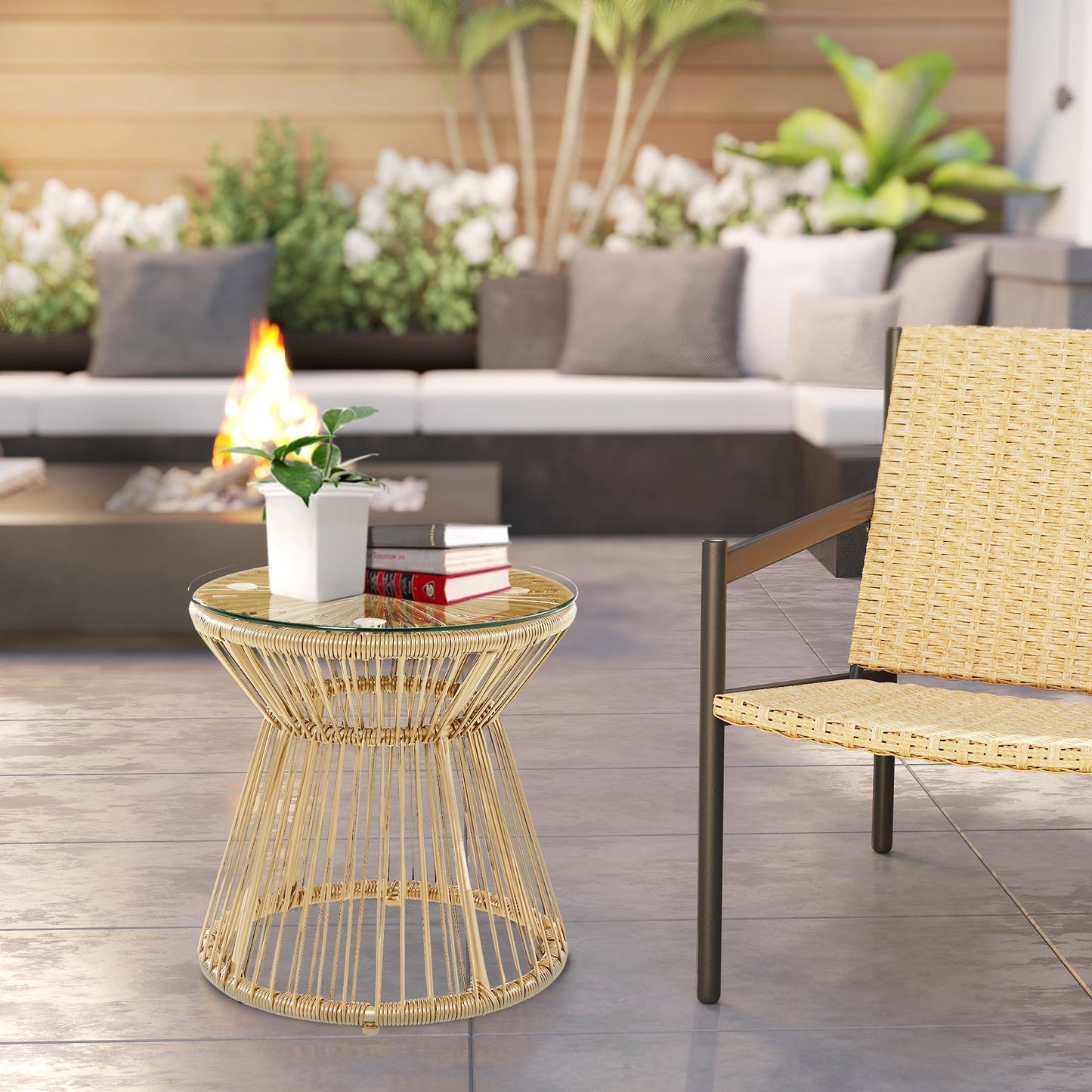 Outsunny Round End Table Rattan Side Table Hollow Drum Design With Glass Tabletop For Patio Garden Balcony Natural