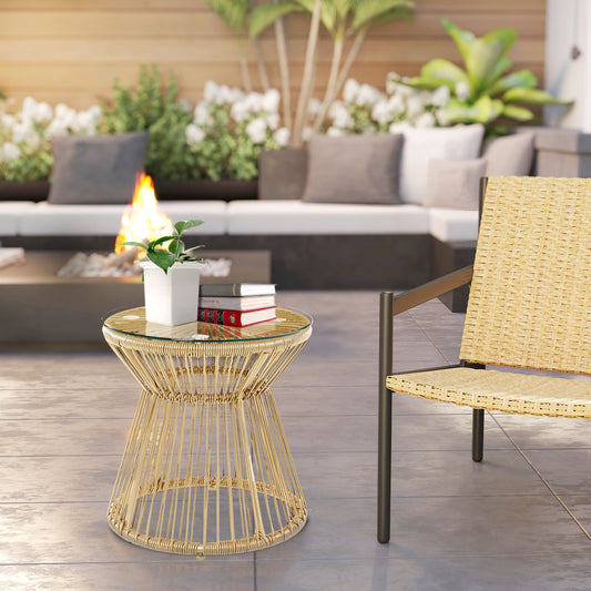 Outsunny Round End Table Rattan Side Table Hollow Drum Design With Glass Tabletop For Patio Garden Balcony Natural