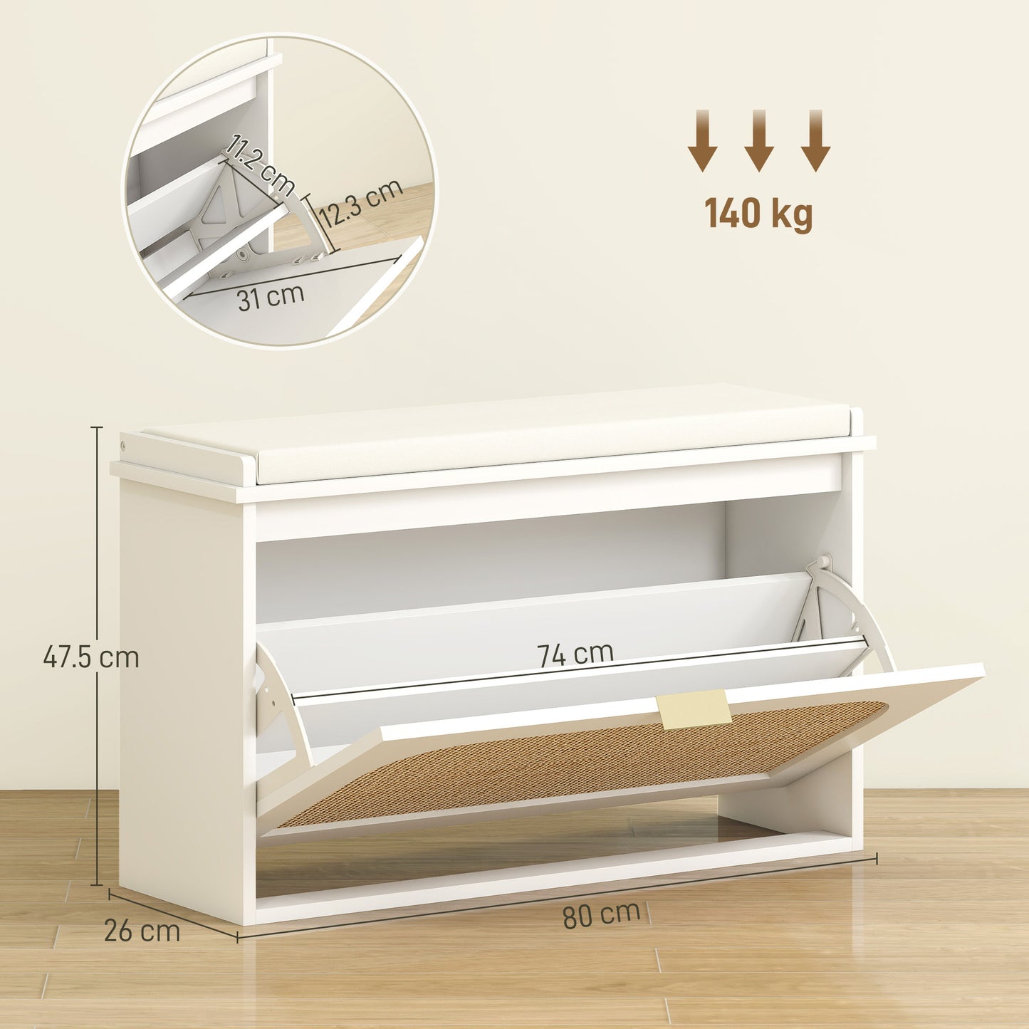 HOMCOM Boho Style Shoe Bench With Padded Seat And Flip Drawer White For Entryway Organization