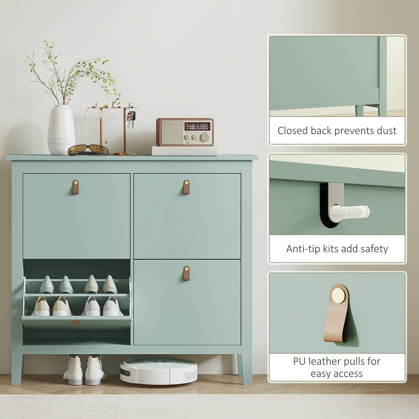 HOMCOM Modern Four Drawer Shoe Cabinet Green Slim Storage Organizer Holds 20 Pairs Shoes