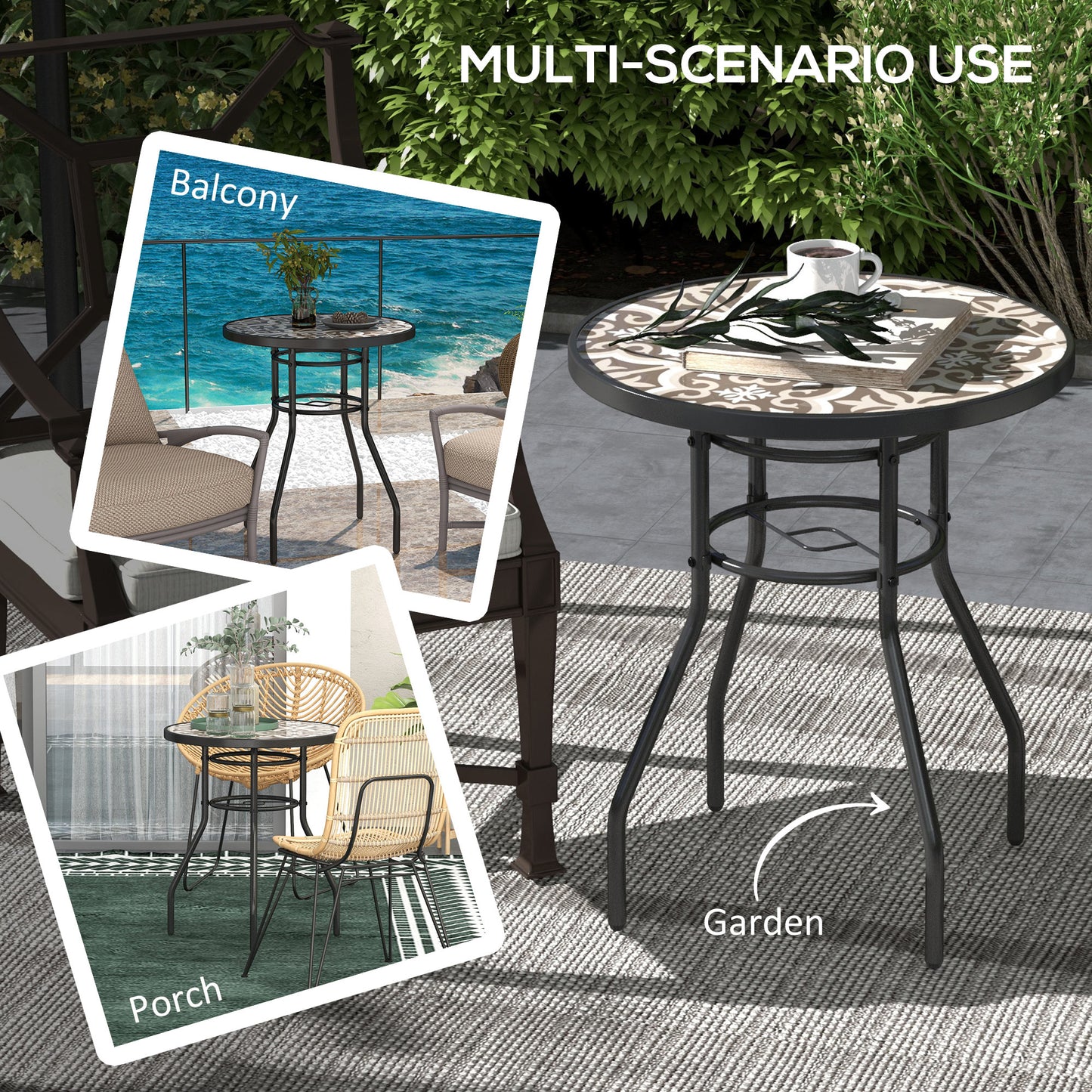 Outsunny Stylish Tan Brown Garden Bistro Table with Printed Glass Top and Durable Steel Frame - ALL4U RETAILER LTD