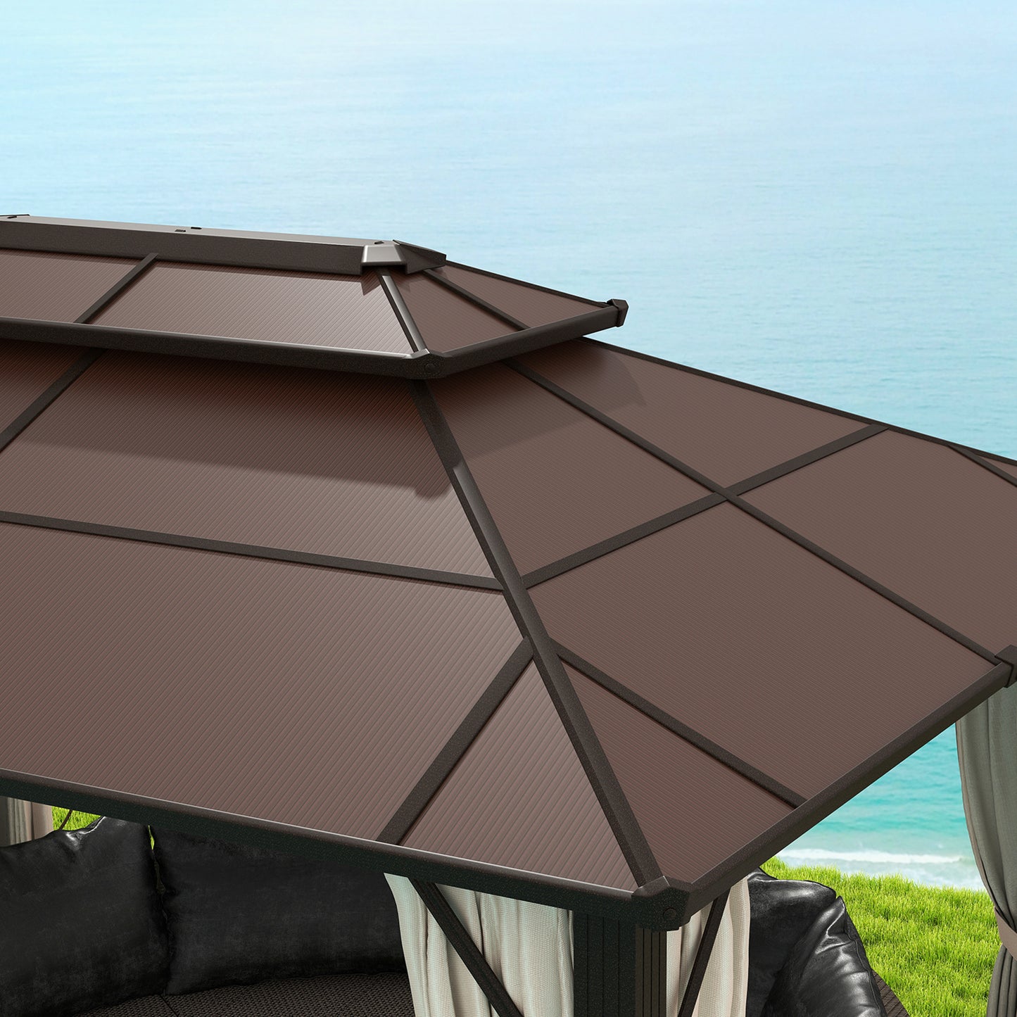 Outsunny 3 By 4m Hardtop Gazebo With UPF30 Polycarbonate Roof Aluminium Frame Mosquito Netting Curtains Beige Patio