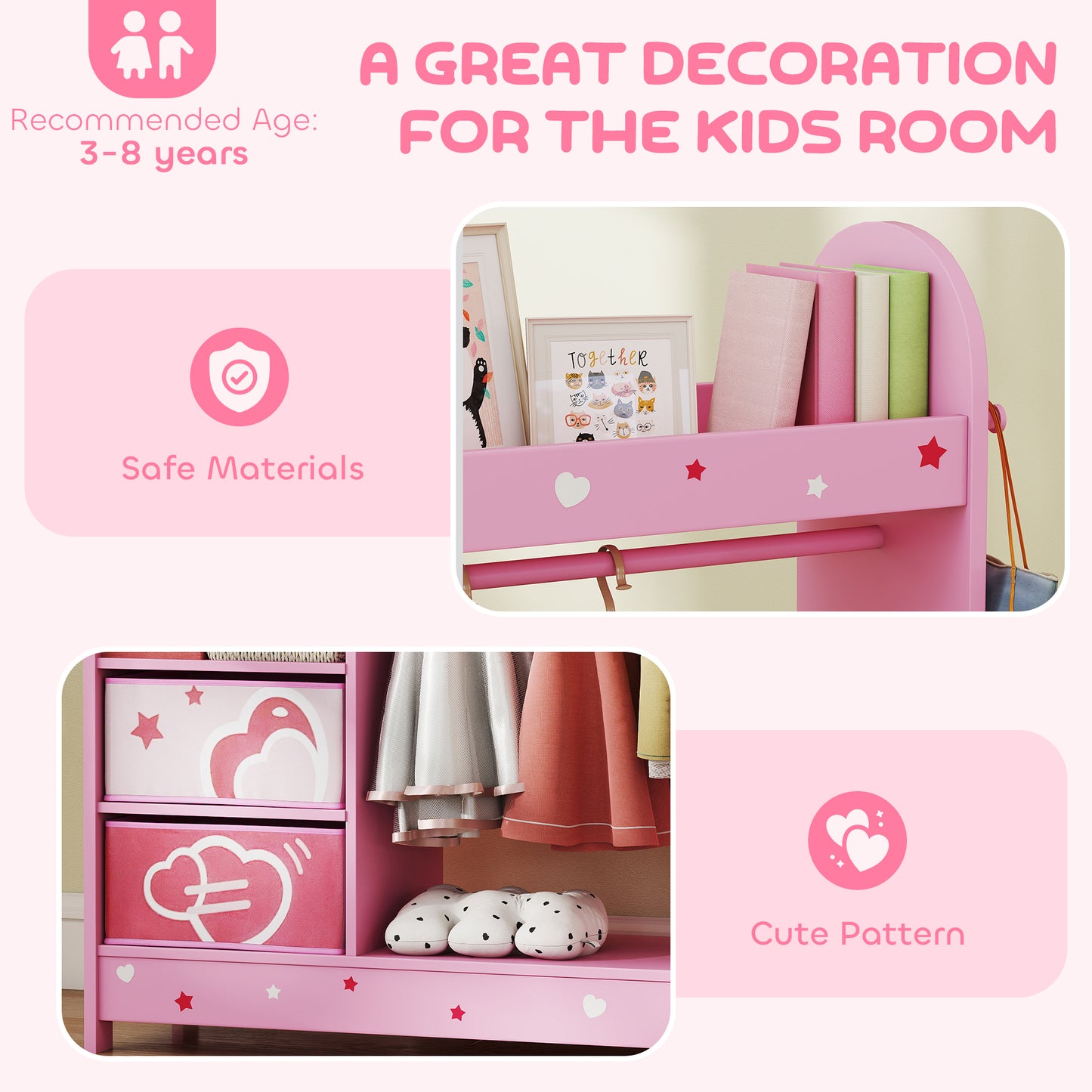 AIYAPLAY Kids Clothes Rail Wardrobe With Mirror Shelves Top Shelf Two Storage Boxes Hooks For Bedroom Nursery Pink