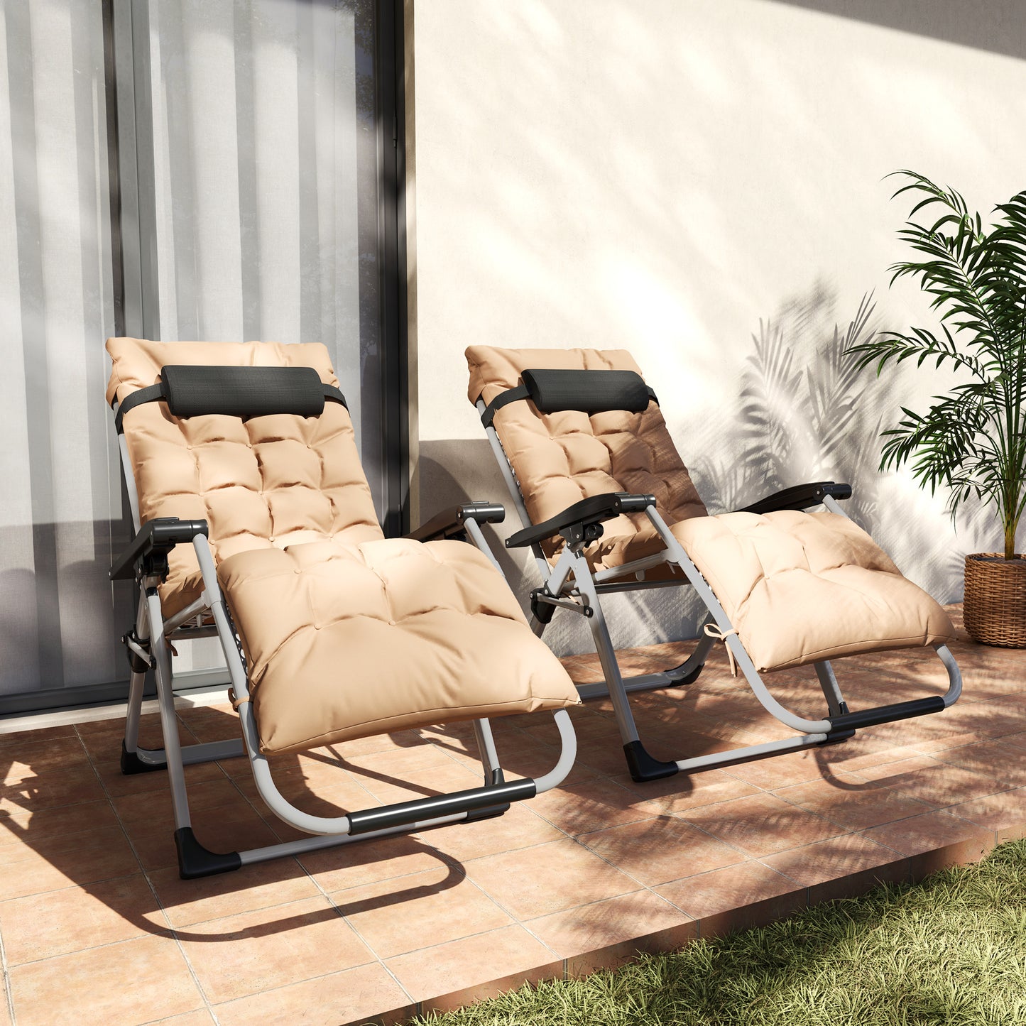 Outsunny 2 Piece Reclining Zero Gravity Sun Loungers With Cushions For Outdoor Patio Khaki