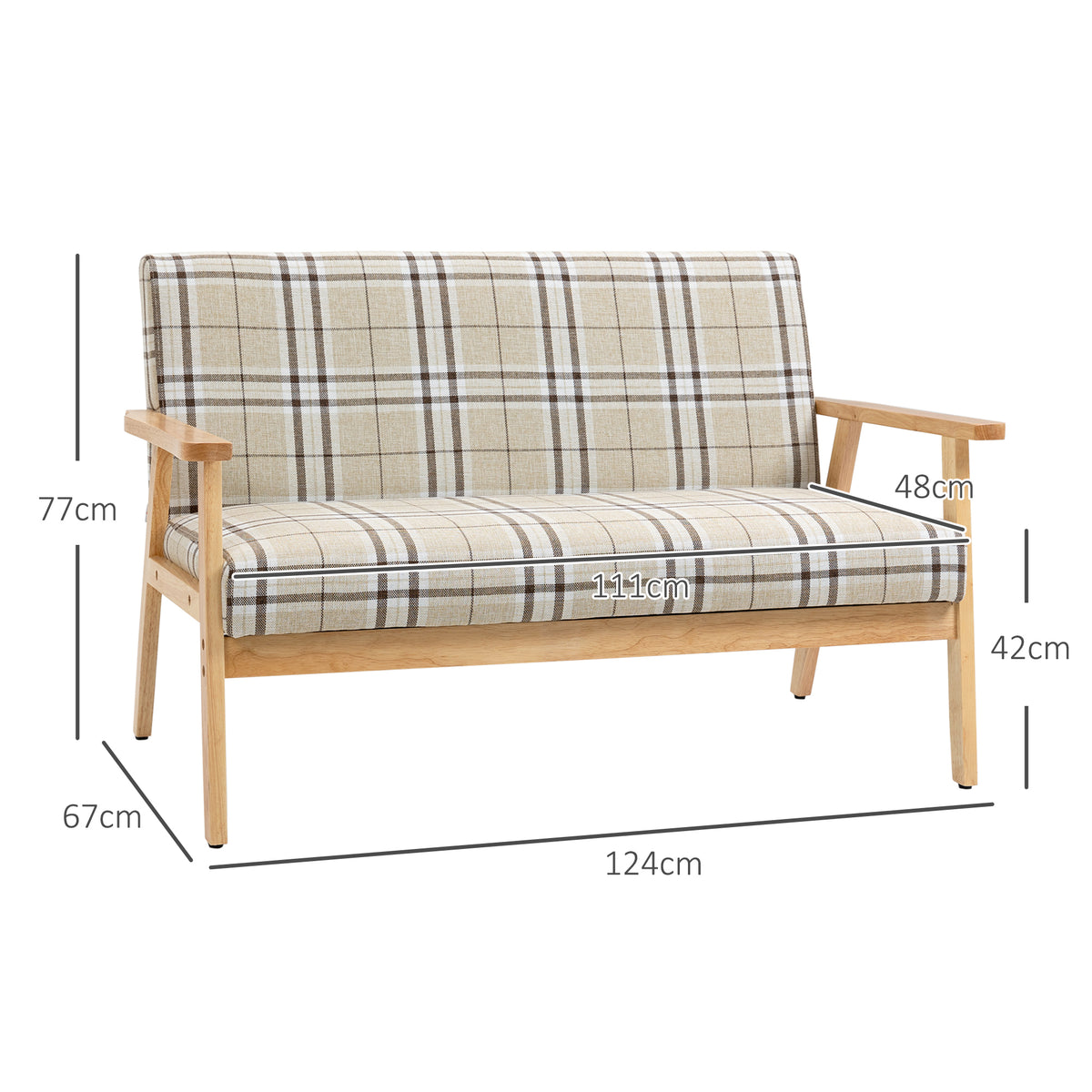 Plaid loveseat sofa with dimensions shown and light wood frame