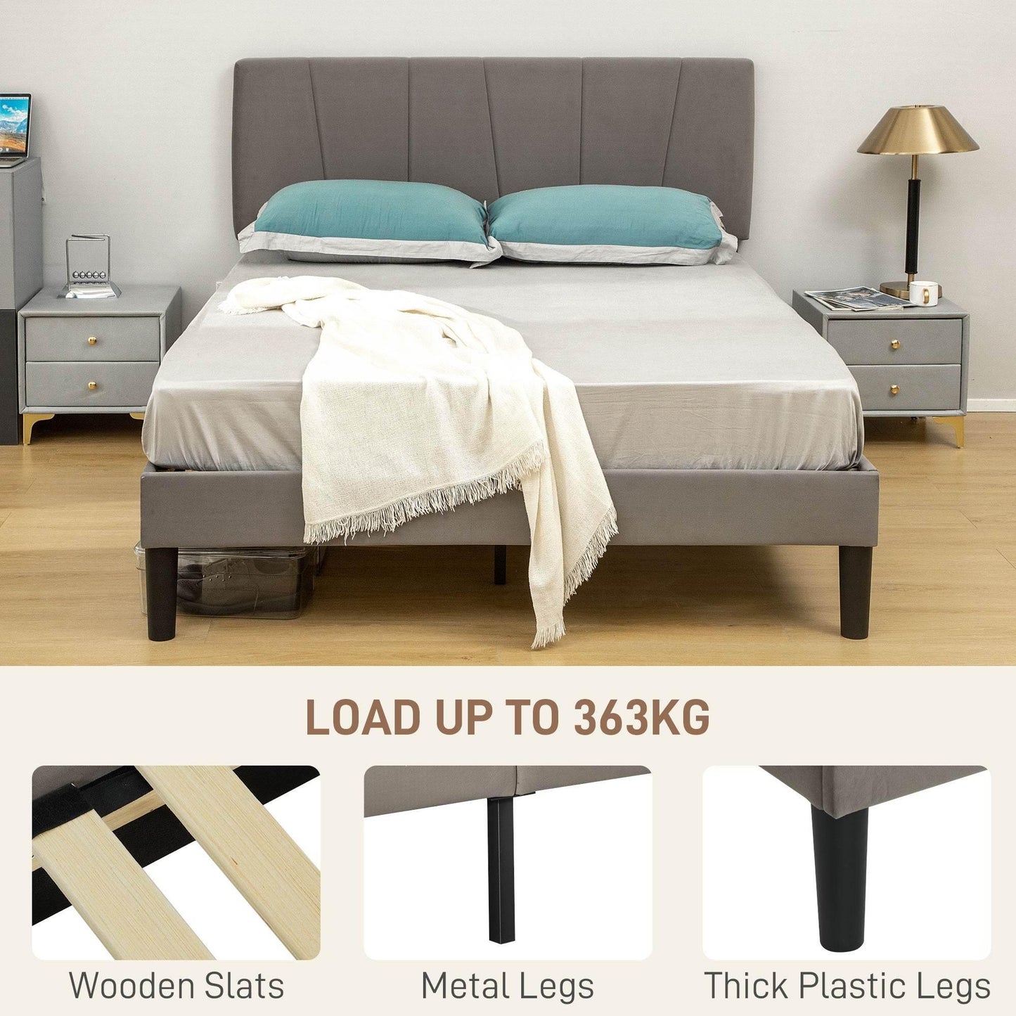 HOMCOM Adjustable Grey Velvet Double Bed Frame with Headboard - ALL4U RETAILER LTD