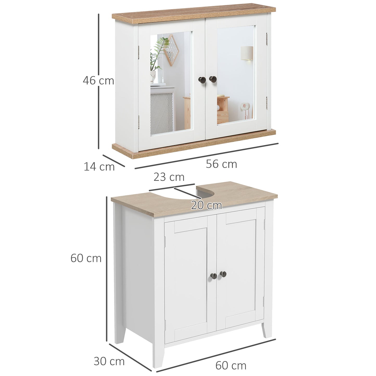 Kleankin Bathroom Furniture Set Mirror Cabinet Wall Mounted With Adjustable Shelf White And Wood Grain