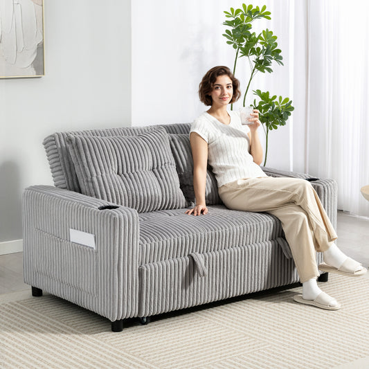 HOMCOM 2 Seater Click Clack Sofa Bed With Pull Out Design Corduroy Upholstery Light Grey