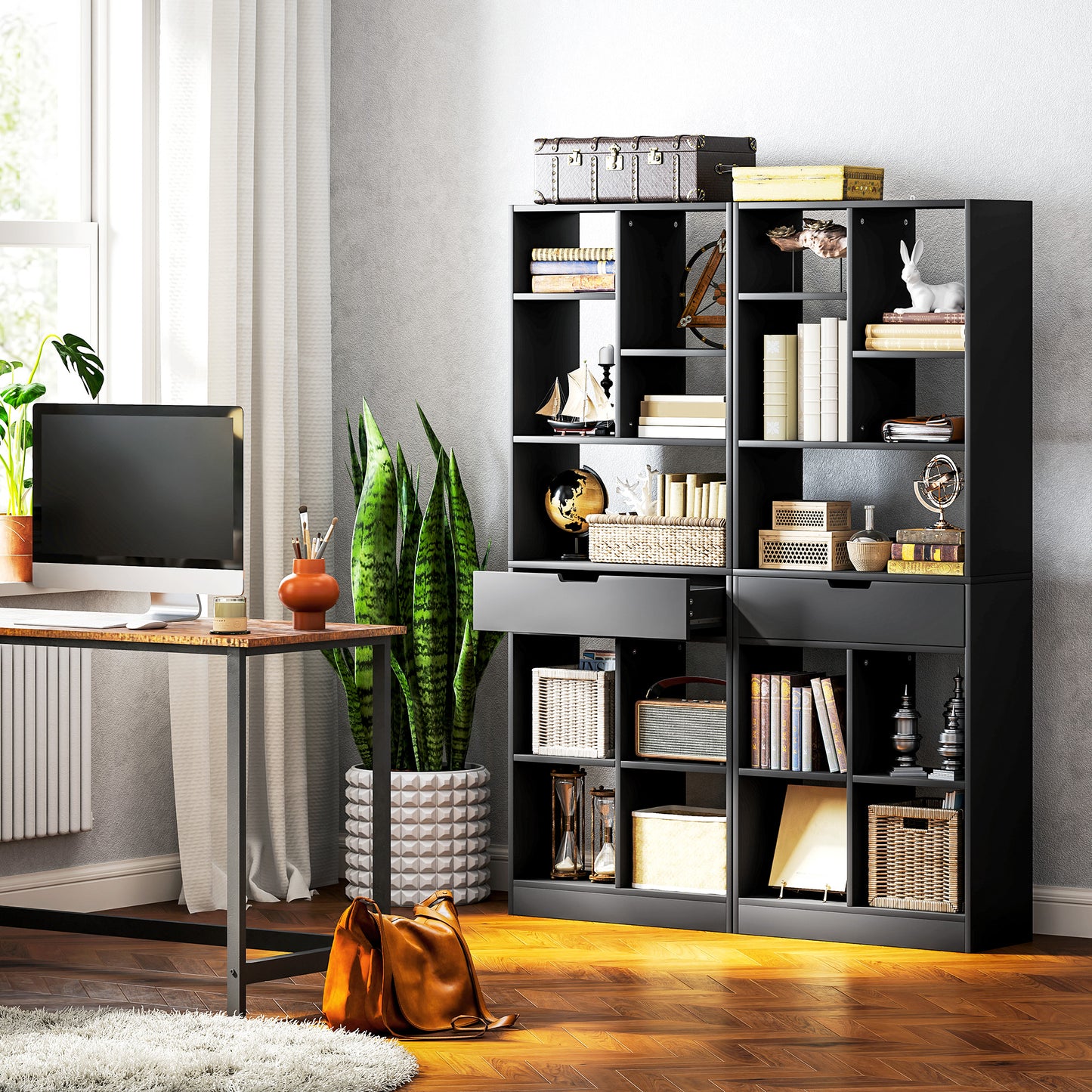 HOMCOM Tall Bookshelf With Drawer Freestanding Bookcase In Black For Bedroom Living Room And Home Office