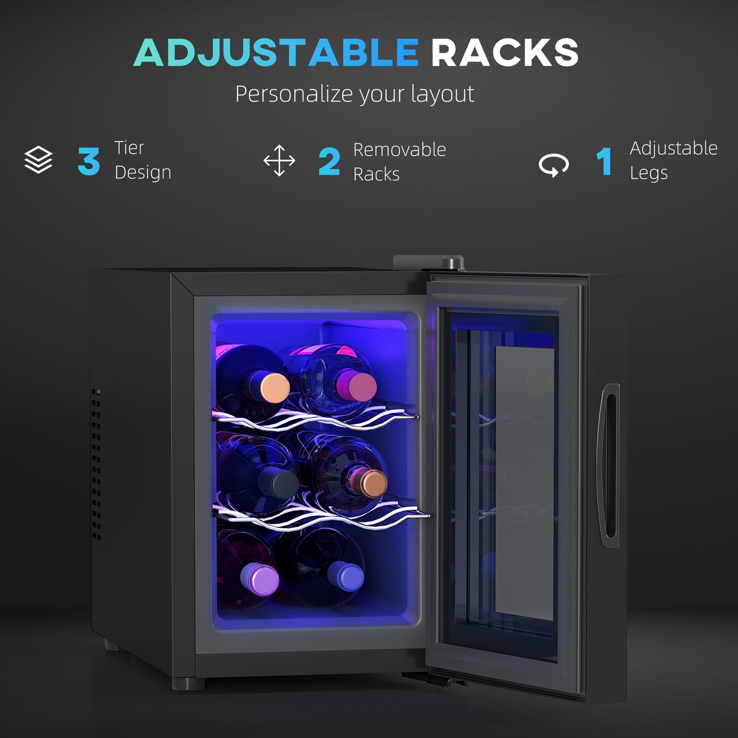 HOMCOM Six Bottle Countertop Wine Fridge Black With Adjustable Chrome Racks 8-18 Celsius Triple Glass Door