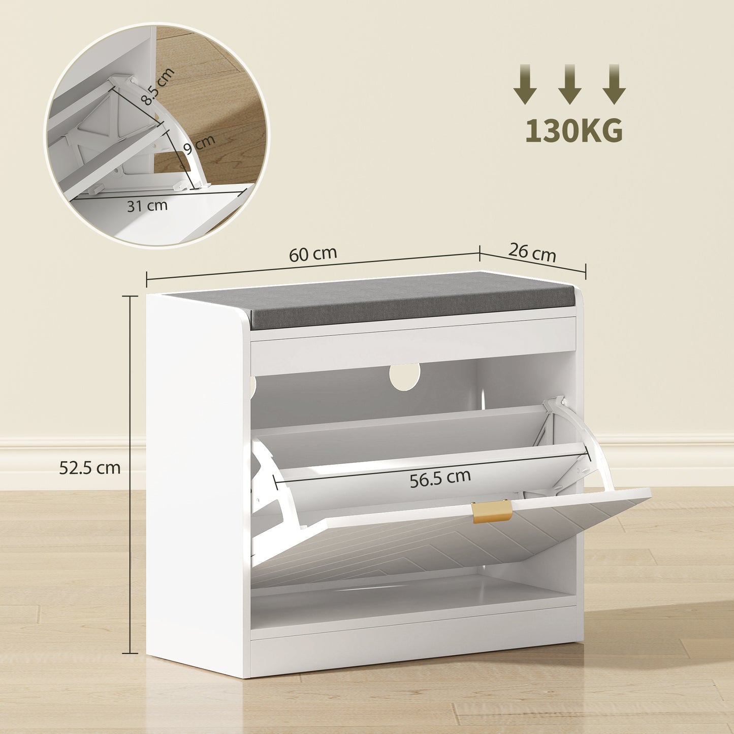 HOMCOM Upholstered Entryway Shoe Storage Bench With Seat And Flip Drawer And 4 Vents For 5 Pairs Shoes