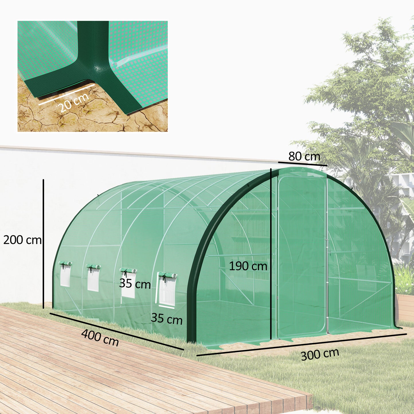 Outsunny 4 x 3 m Polytunnel Greenhouse With Windows And Doors Galvanised Steel Frame Green