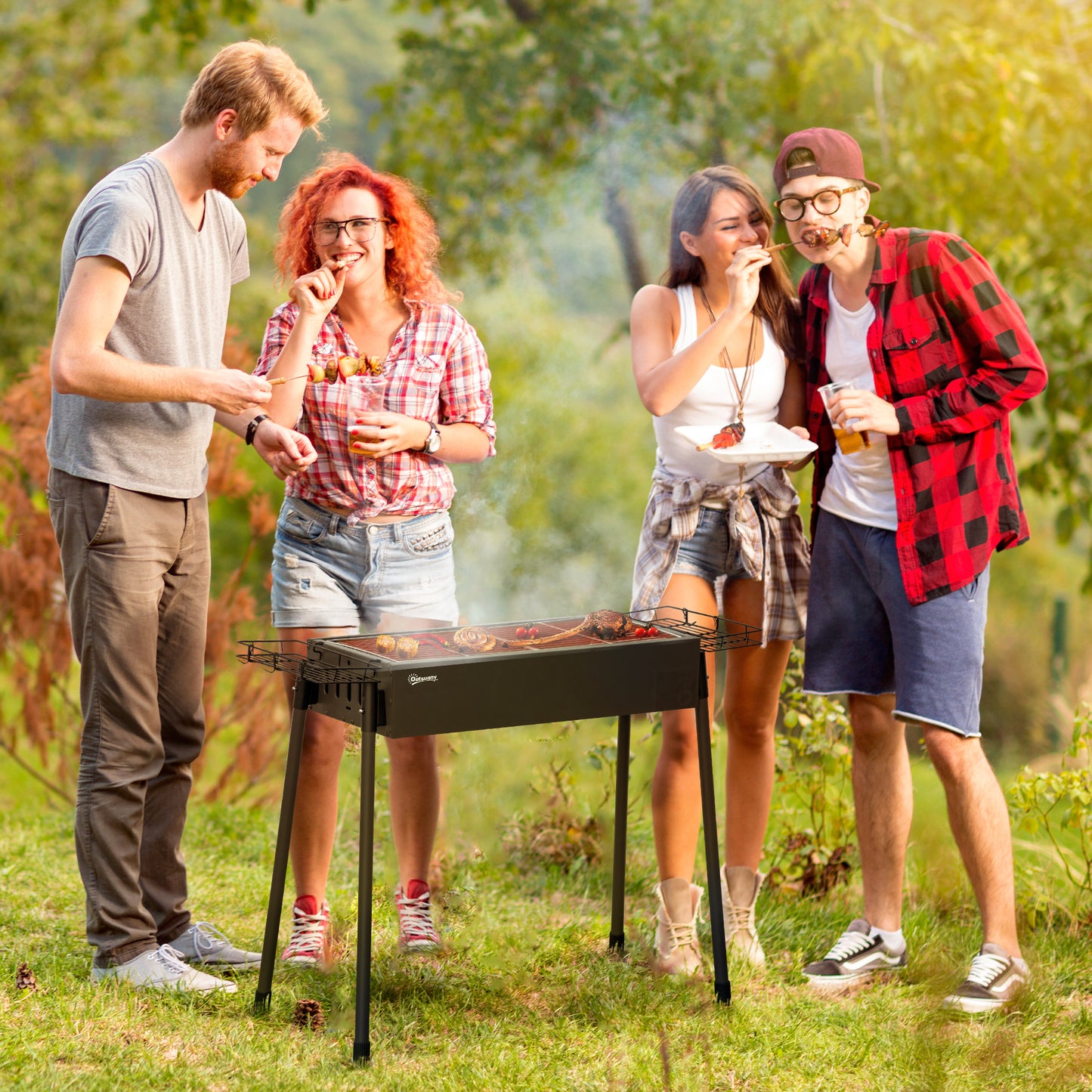 Outsunny Portable Charcoal BBQ Grill With Seasoning Baskets For Camping Picnics And Hiking