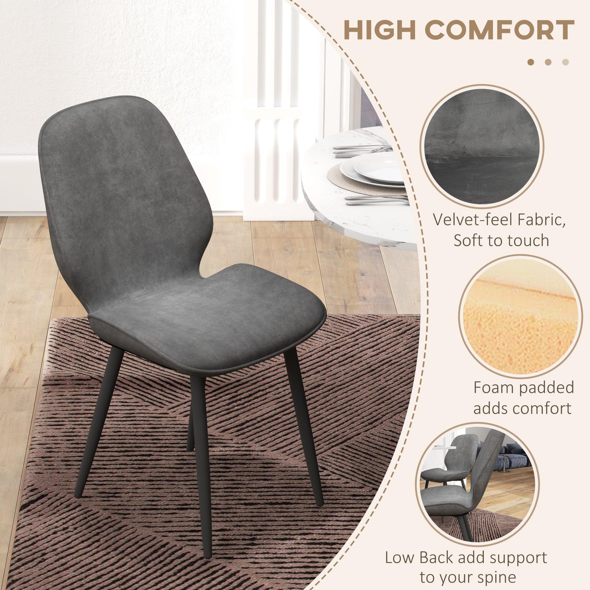 HOMCOM Set of 2 Grey Velvet Dining Chairs with Metal Legs - ALL4U RETAILER LTD