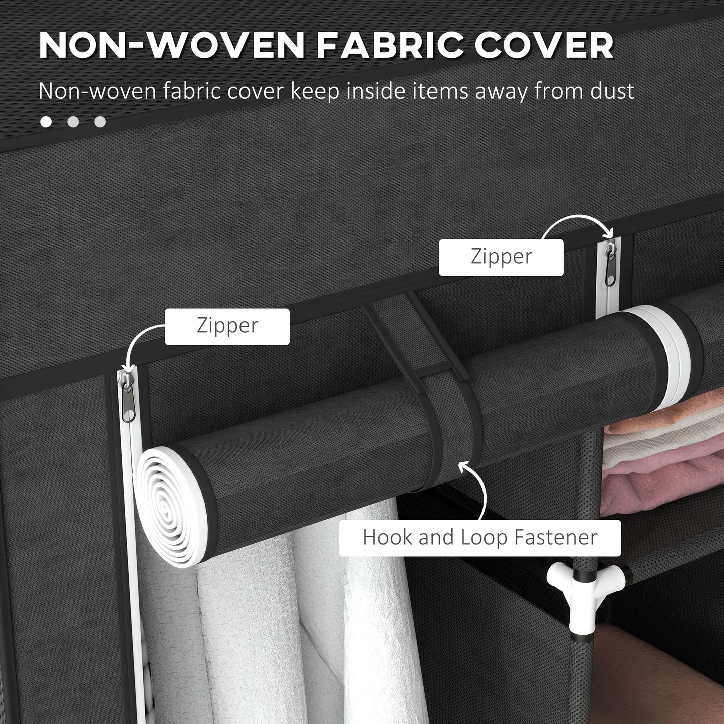 HOMCOM Fabric Wardrobe With Rails And Shelves In Black, Dustproof Fabric Closet Organizer With Roll Up Door