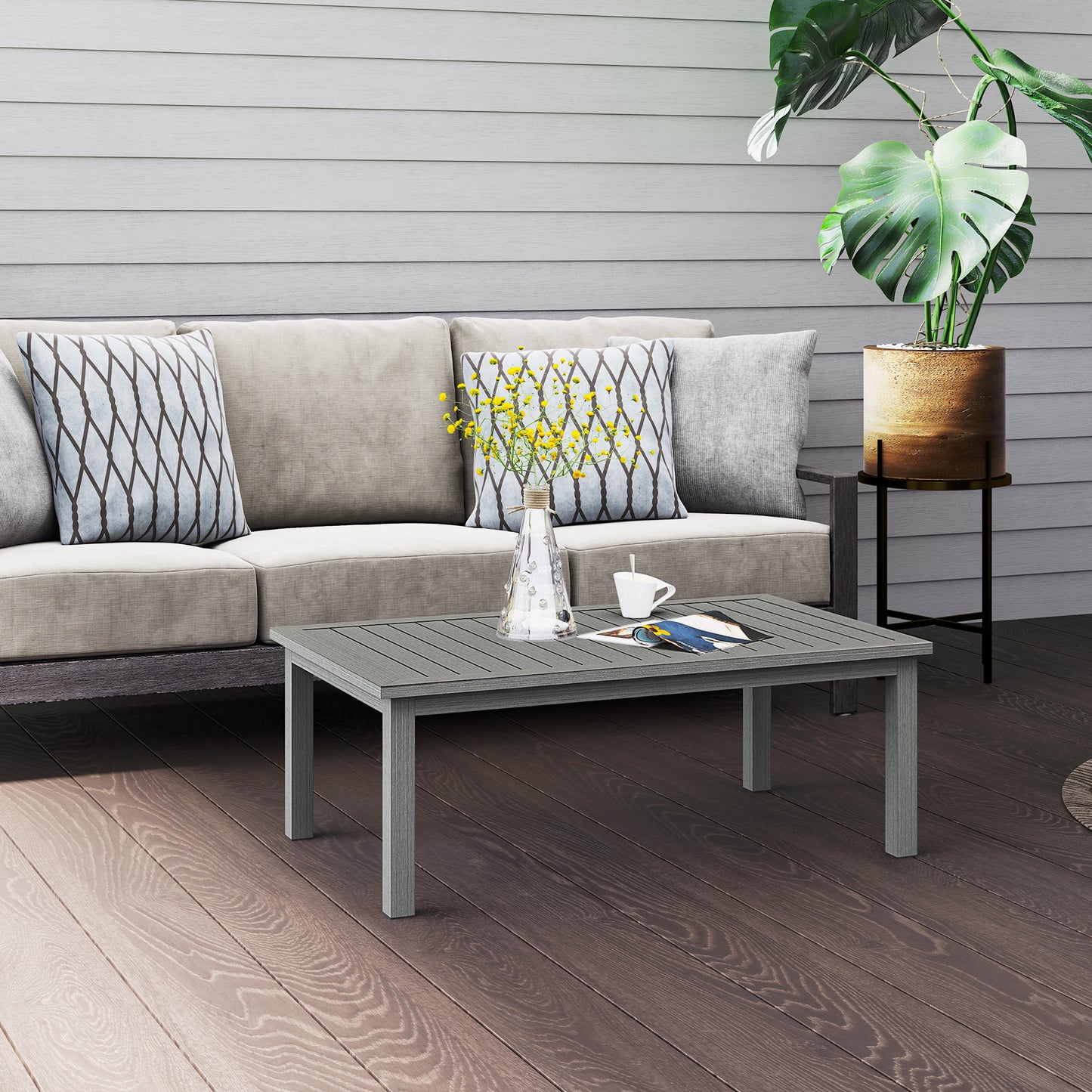 Outsunny 100 Cm By 60 Cm Aluminium Outdoor Coffee Table Grey All Weather Durable Garden Furniture