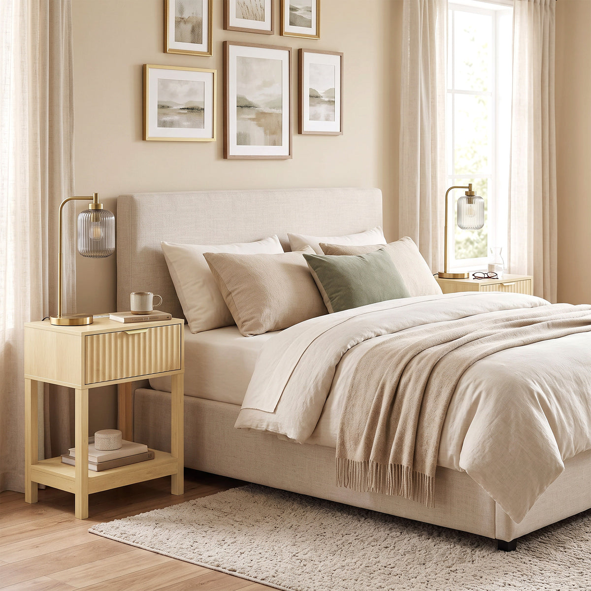 Oak bedside table set with fluted drawer fronts and open shelves