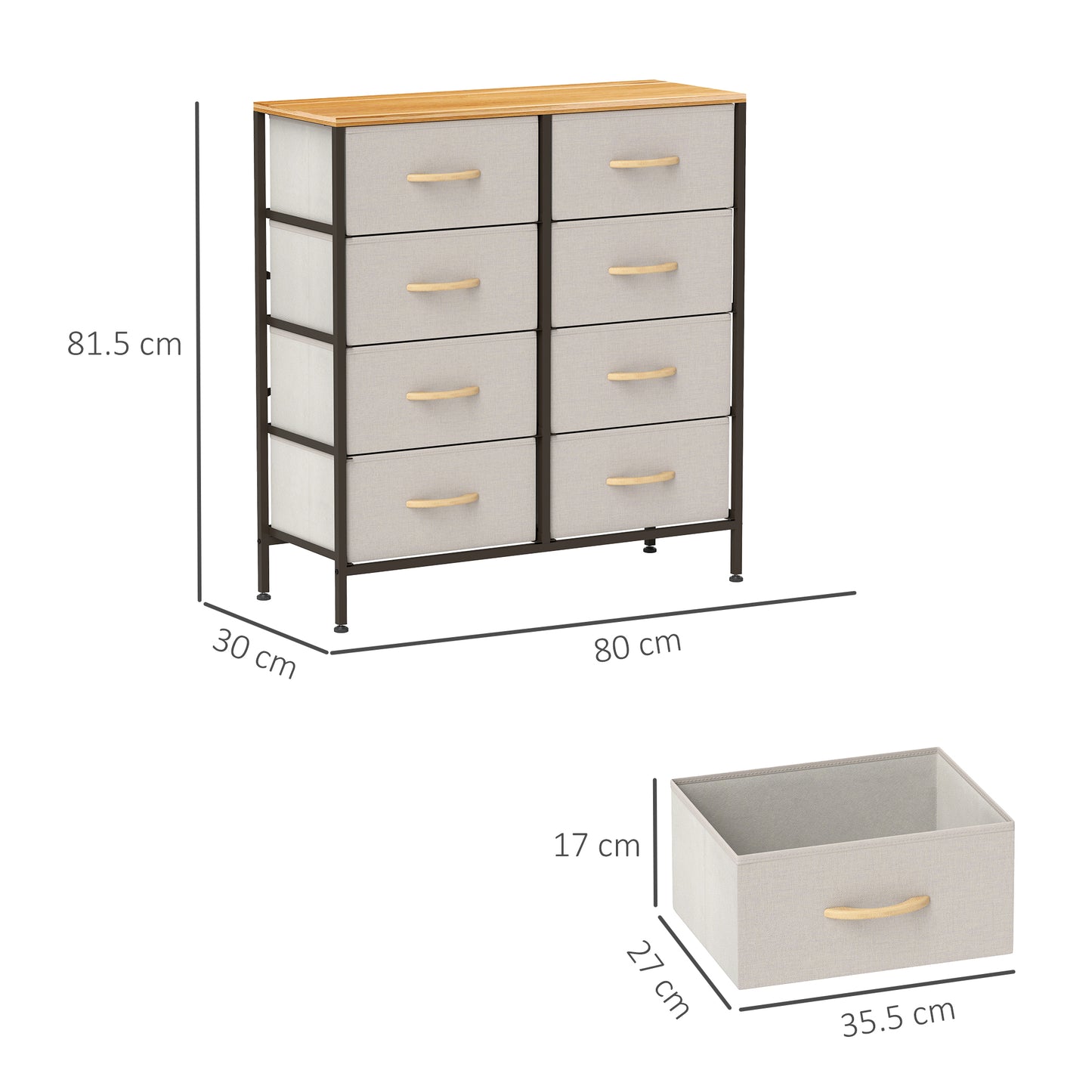 HOMCOM Fabric Chest Of Drawers With 8 Fabric Drawers Steel Frame And Wooden Top Cream White For Nursery