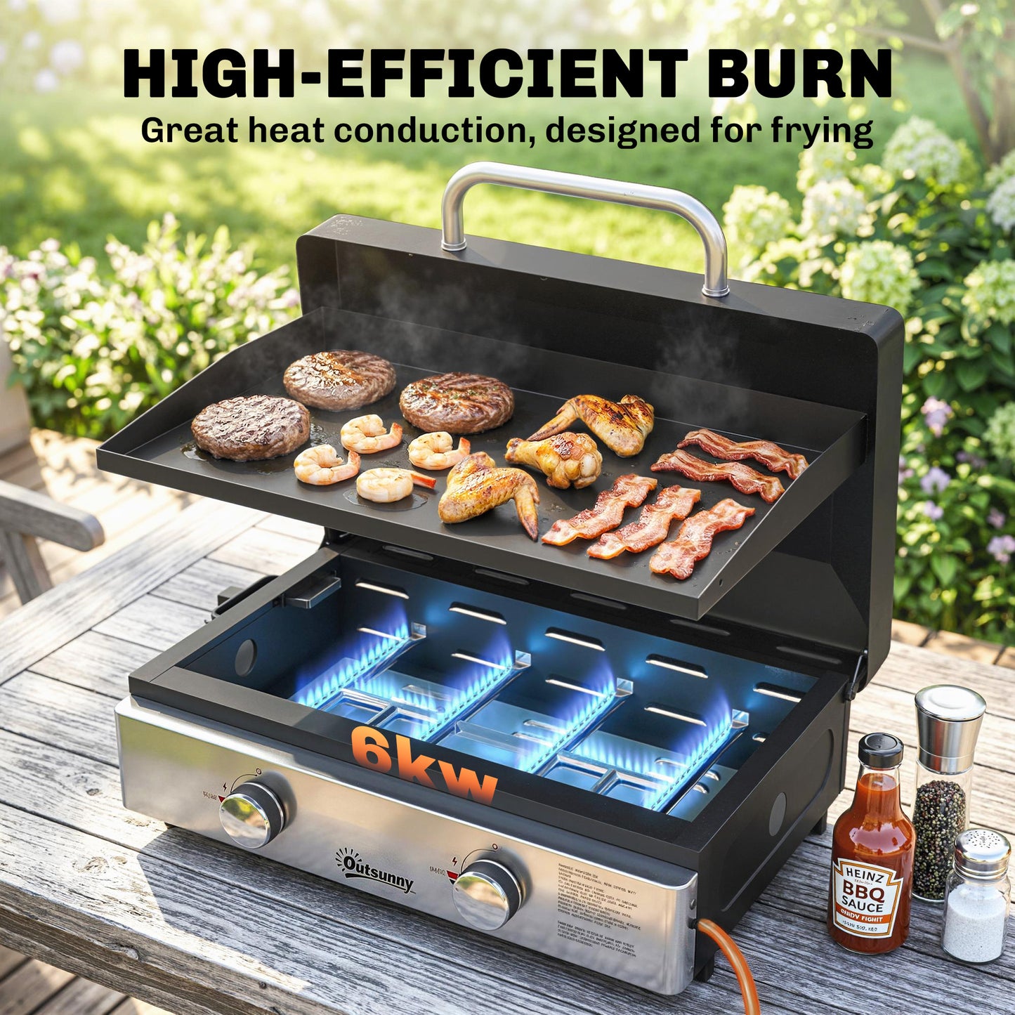 Outsunny 2 Burner Grill Griddle Portable Gas Plancha 6 kW Tabletop BBQ With Grease Cup For Camping Picnic Patios Black