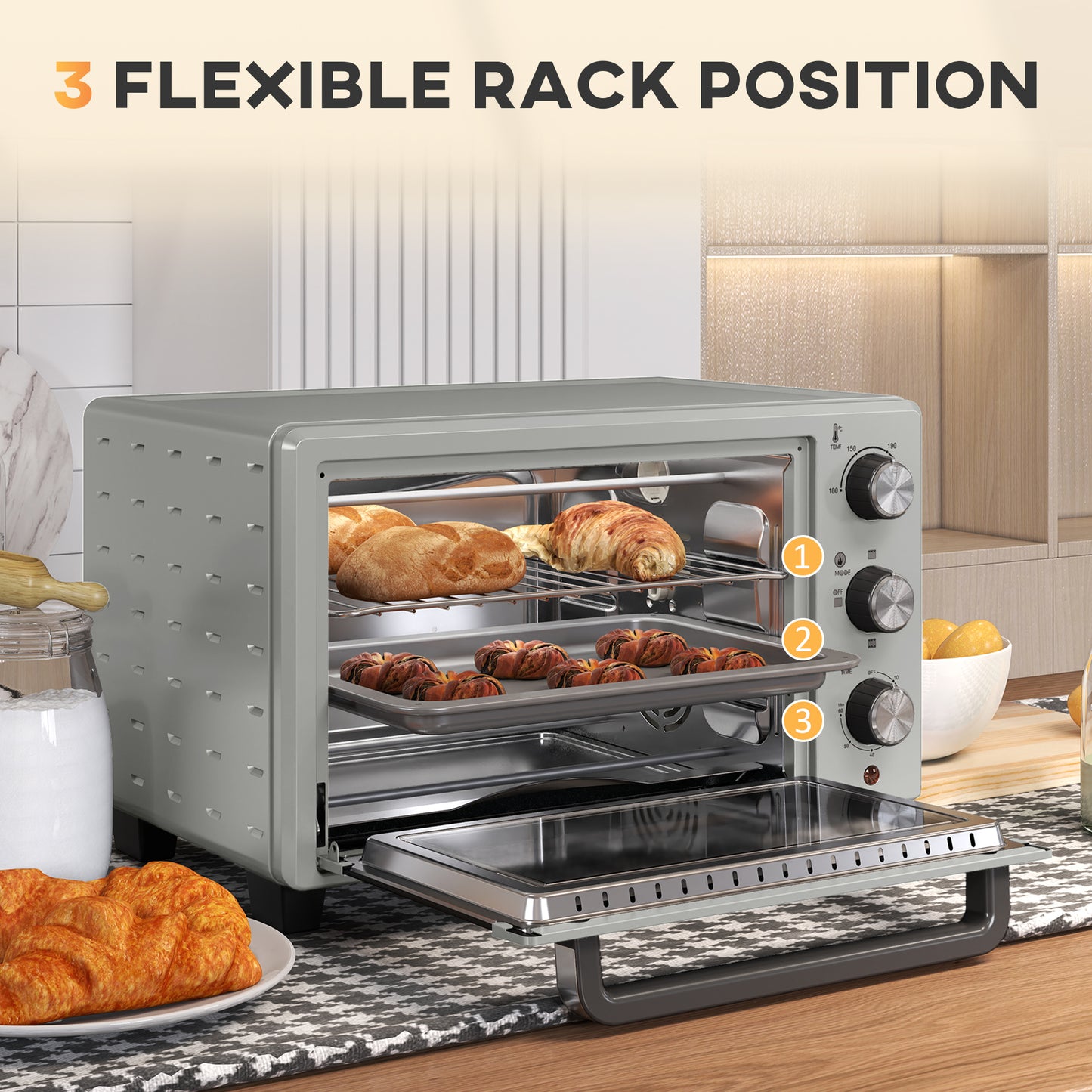 HOMCOM 21L Mini Countertop Oven With 100 To 230 Celsius Temperature Range, Removable Wire Rack And Tray, Silver Tone
