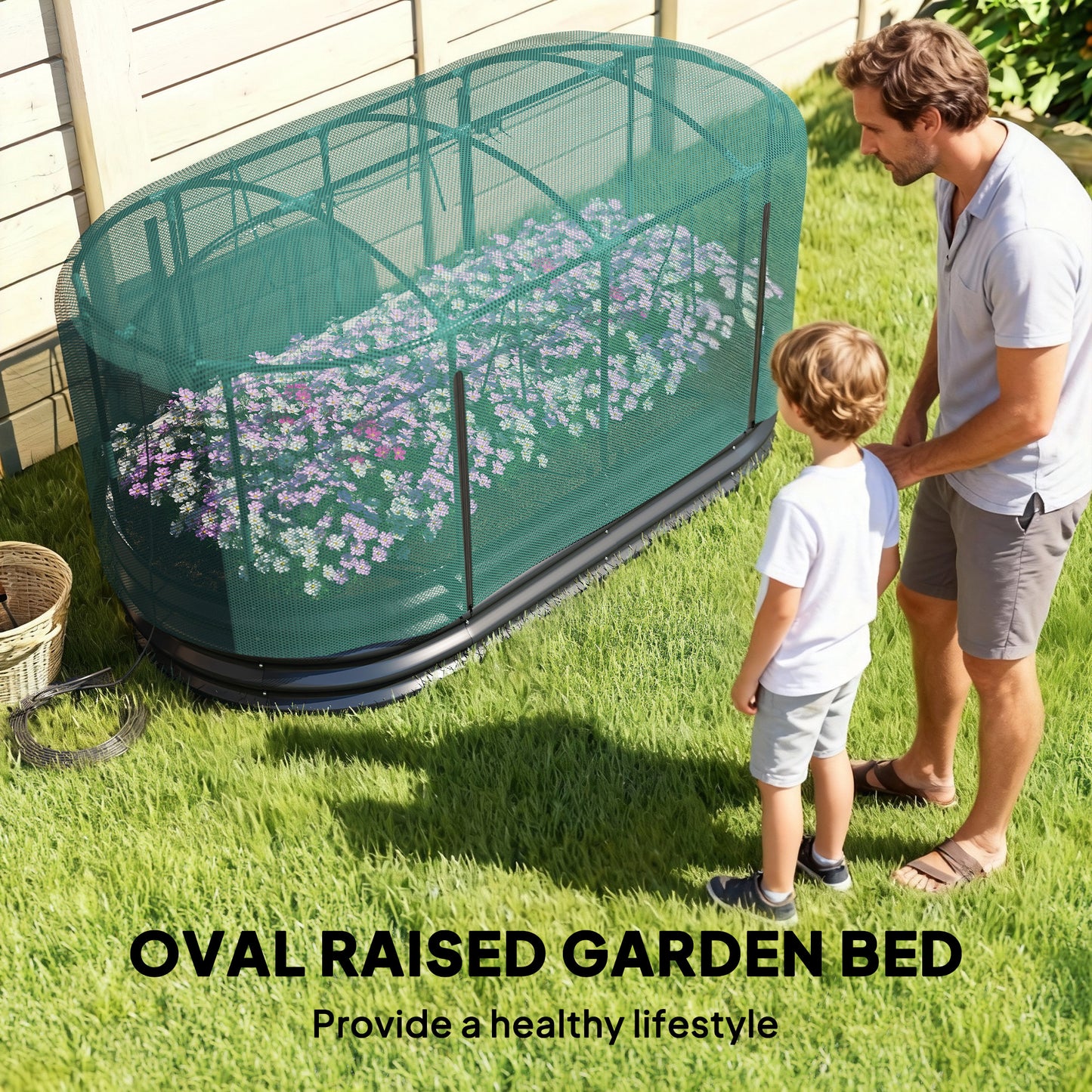 Outsunny Galvanised Raised Garden Bed Kit With Self Watering System Mesh Cover HDPE Cage 6x3Ft Dark Grey Green
