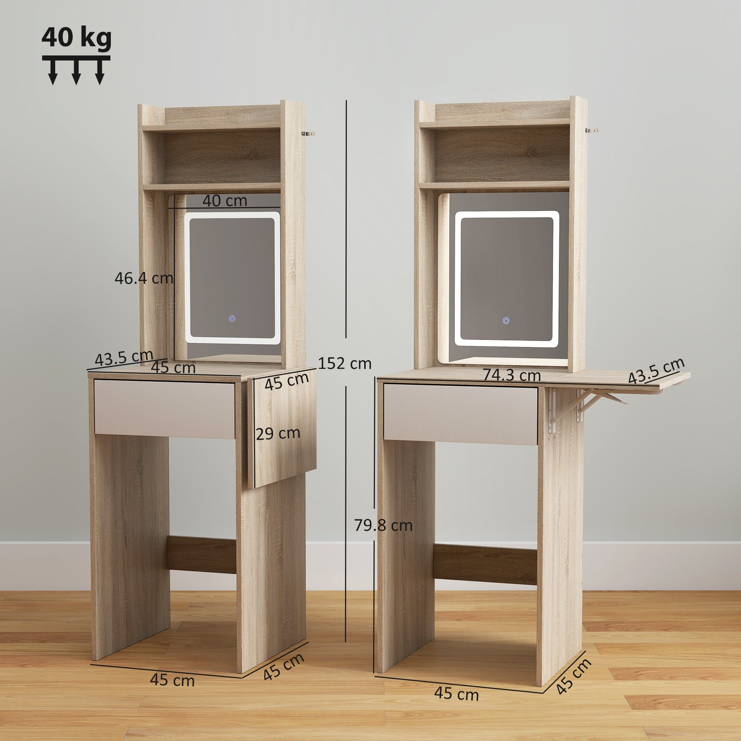 HOMCOM Small Vanity Desk With Mirror And Led Lights Compact Dressing Table With Drop Leaf Open Shelves Natural Wood