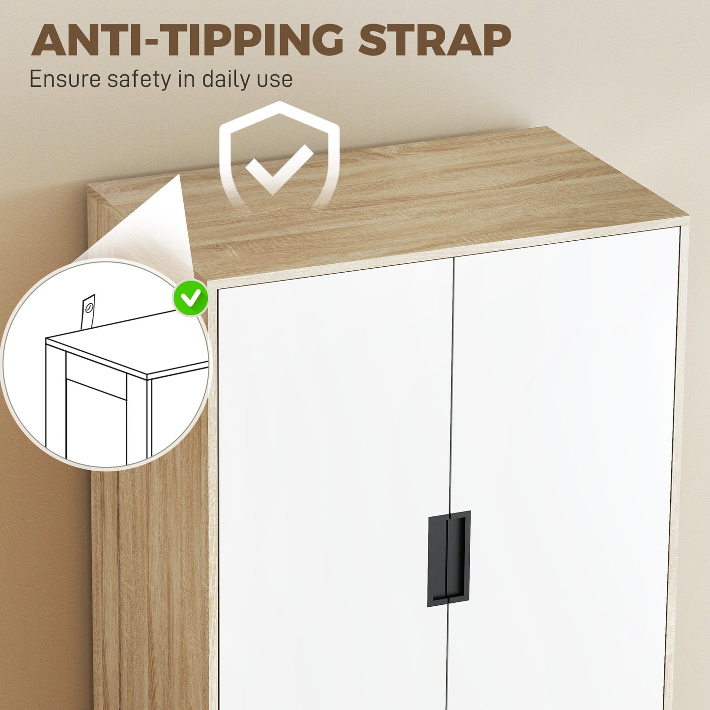 HOMCOM Modern Oak And White Wardrobe With Hanging Rod 3 Drawer 2 Door Storage Cupboard